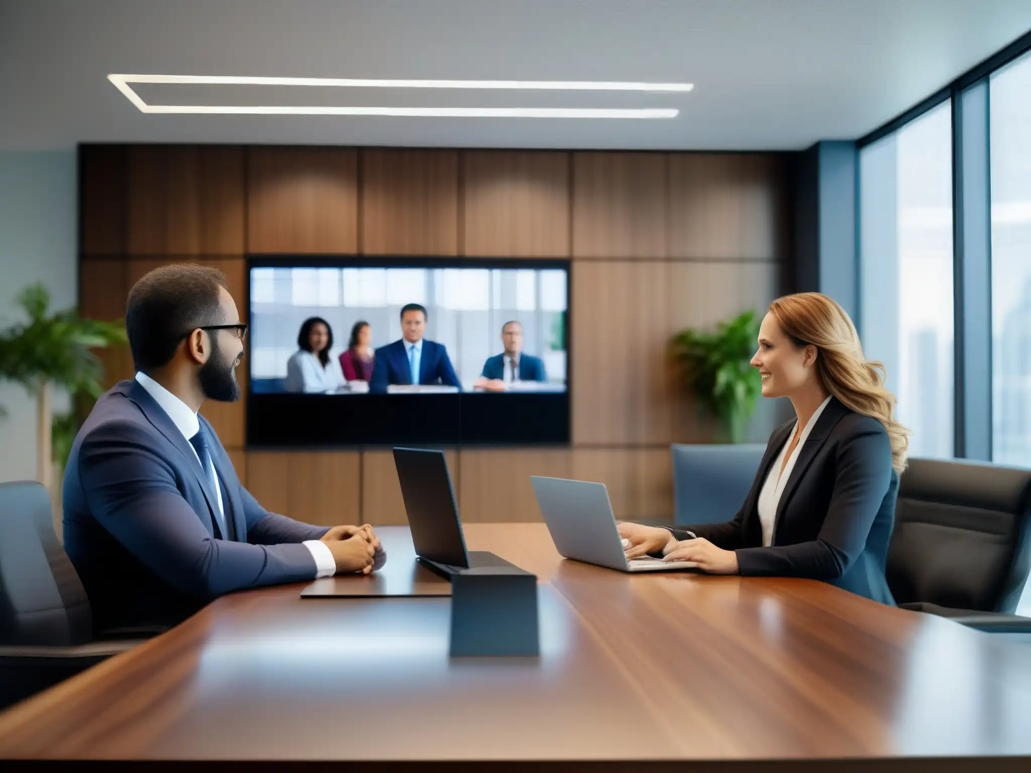 Videoconferencia legal: eficiencia y colaboración en la oficina moderna Un abogado en una oficina moderna y elegante, realizando una videoconferencia con colegas y clientes