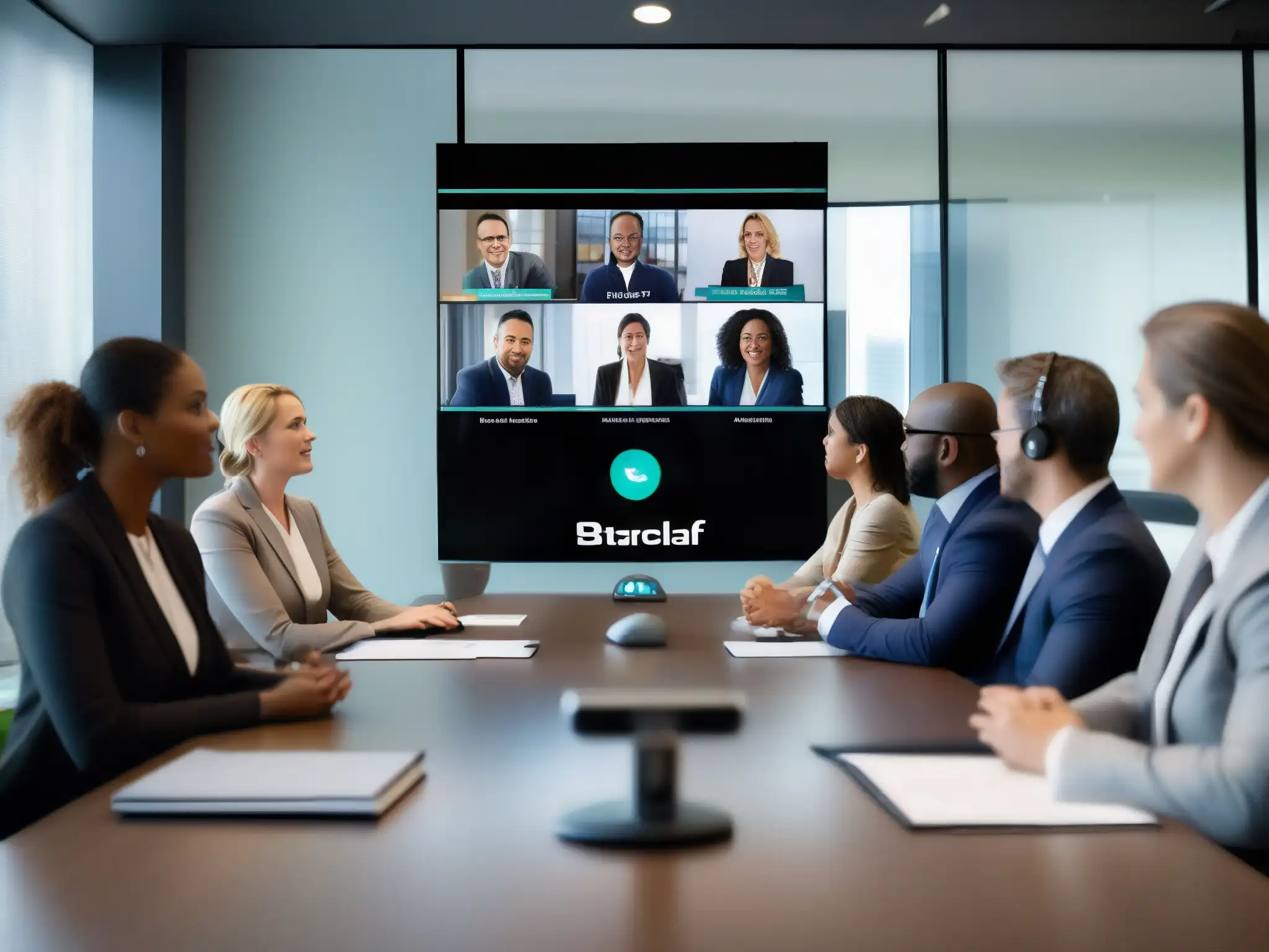 Videoconferencia legal con StarLeaf: abogados en sala moderna Abogados en videoconferencia con StarLeaf, discutiendo casos legales en una sala moderna y luminosa