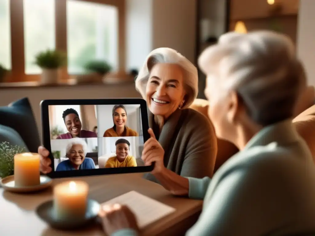 Encuentro familiar multigeneracional lleno de alegría y amor Una abuela y sus nietos disfrutan de una video llamada con sus padres, rodeados de luz natural en una sala acogedora