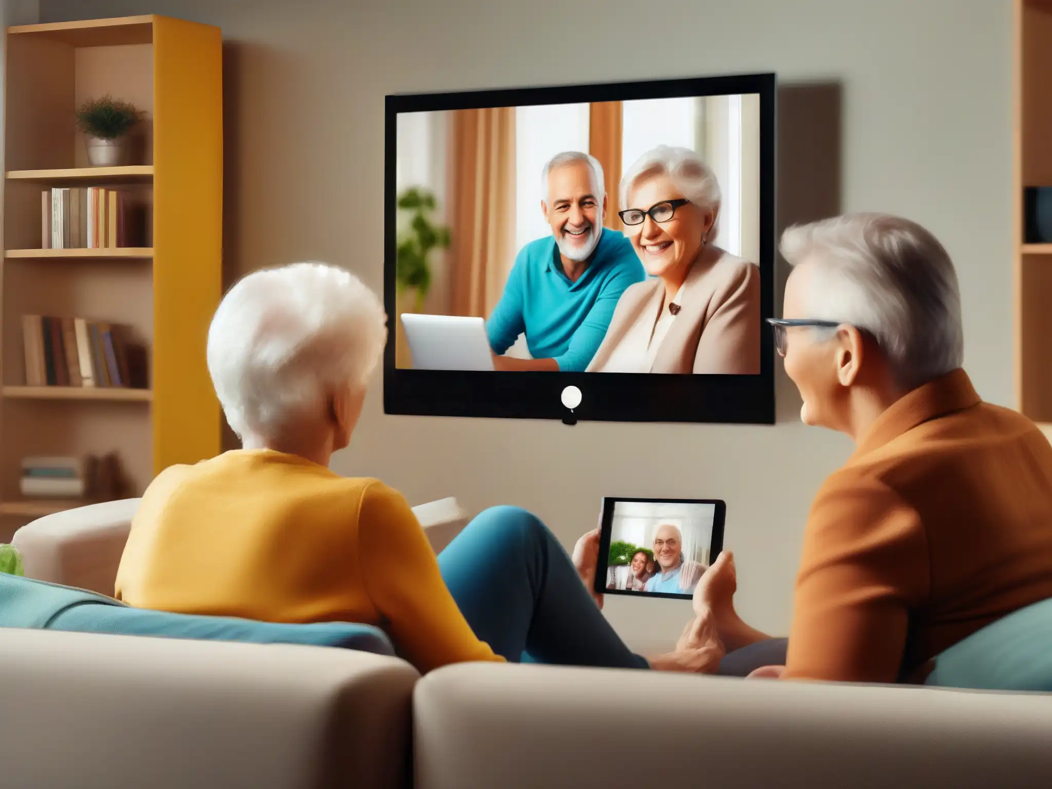 Video llamada familiar llena de calidez en sala contemporánea Abuelos y nietos disfrutan de videoconferencia en sala moderna