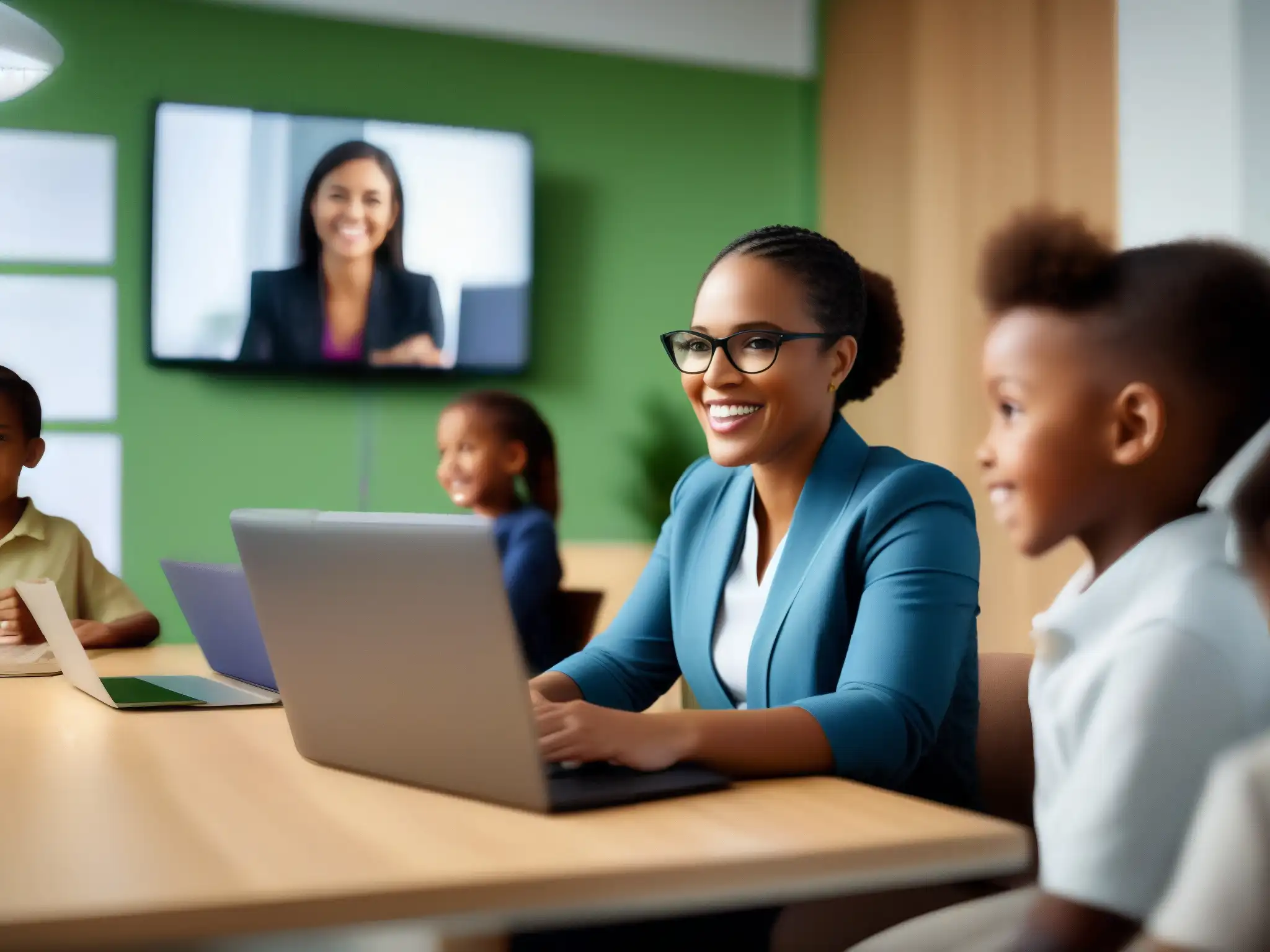 Profesional multitarea: videoconferencia y educación Un adulto profesional teletrabajando con niños, realizando videoconferencias mientras mantiene un ambiente educativo y entretenido