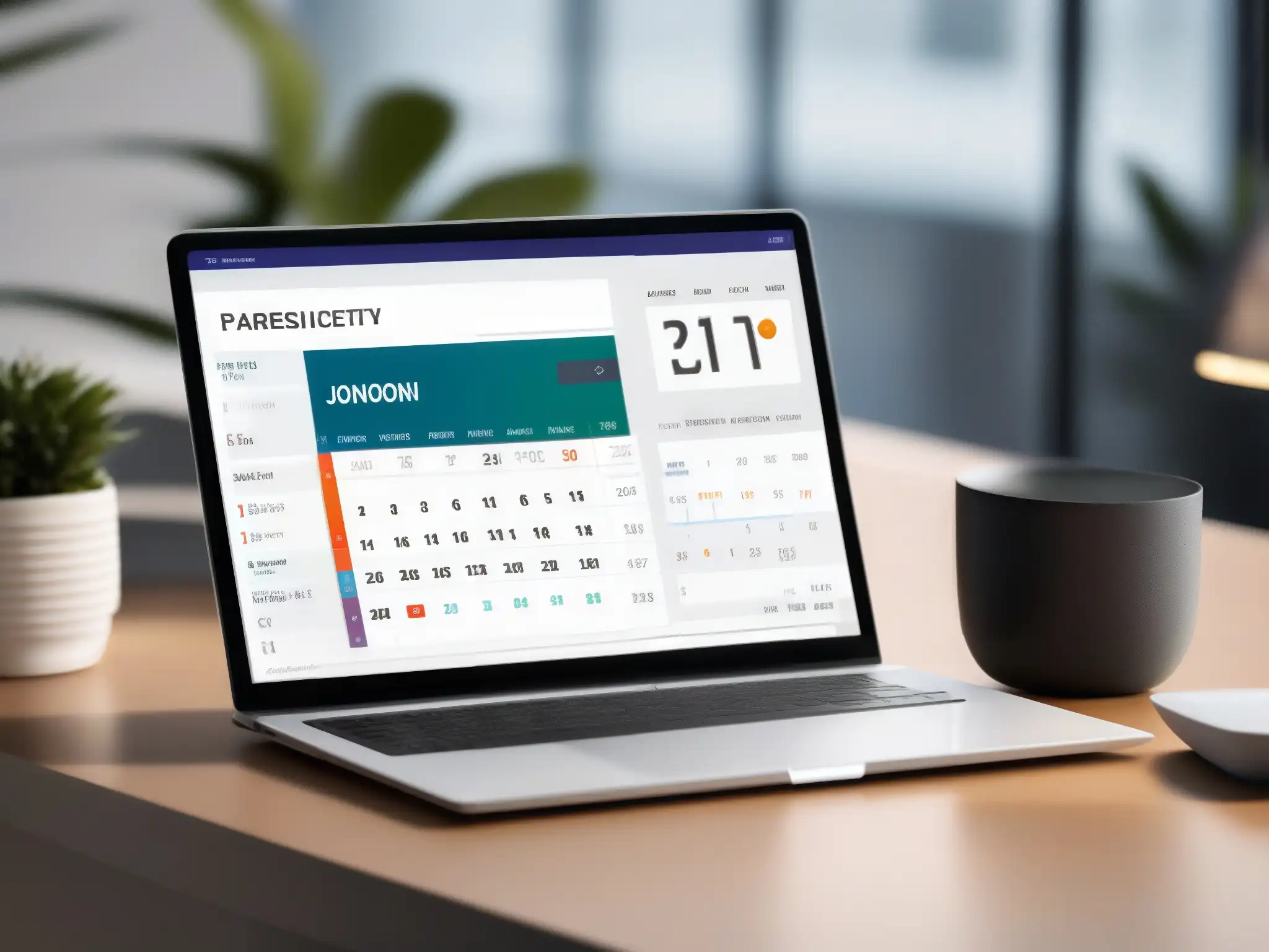 Calendario digital en escritorio moderno para gestión del tiempo Una agenda digital en un escritorio minimalista con enfoque en la organización y productividad