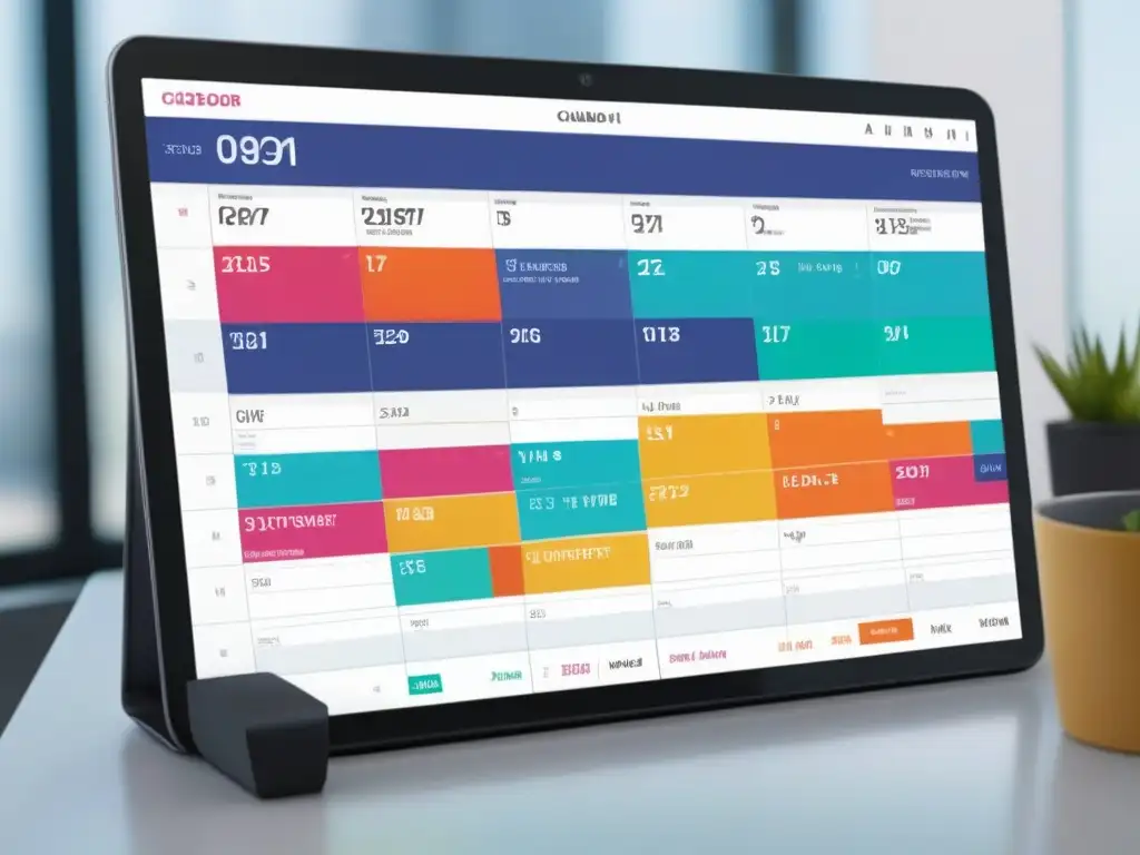 Calendario digital moderno en tablet: eficiencia y productividad Una agenda eficiente para videoconferencias en un entorno profesional y minimalista con colores vibrantes y líneas limpias en una tablet moderna