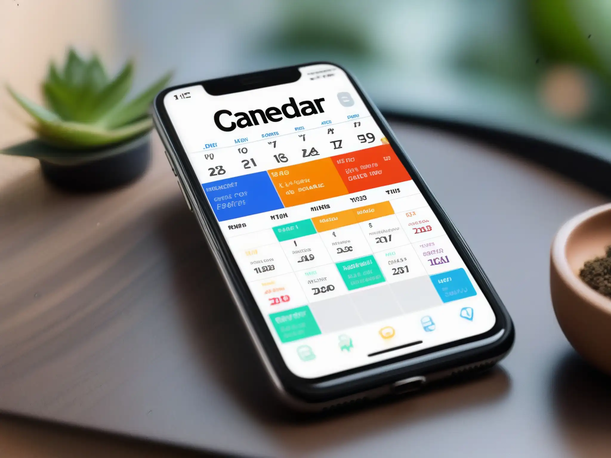 Agenda de videoconferencias: organización colorida y moderna Sincronizar agenda videoconferencias: Calendario en smartphone con coloridos horarios superpuestos, en ambiente sereno y organizado