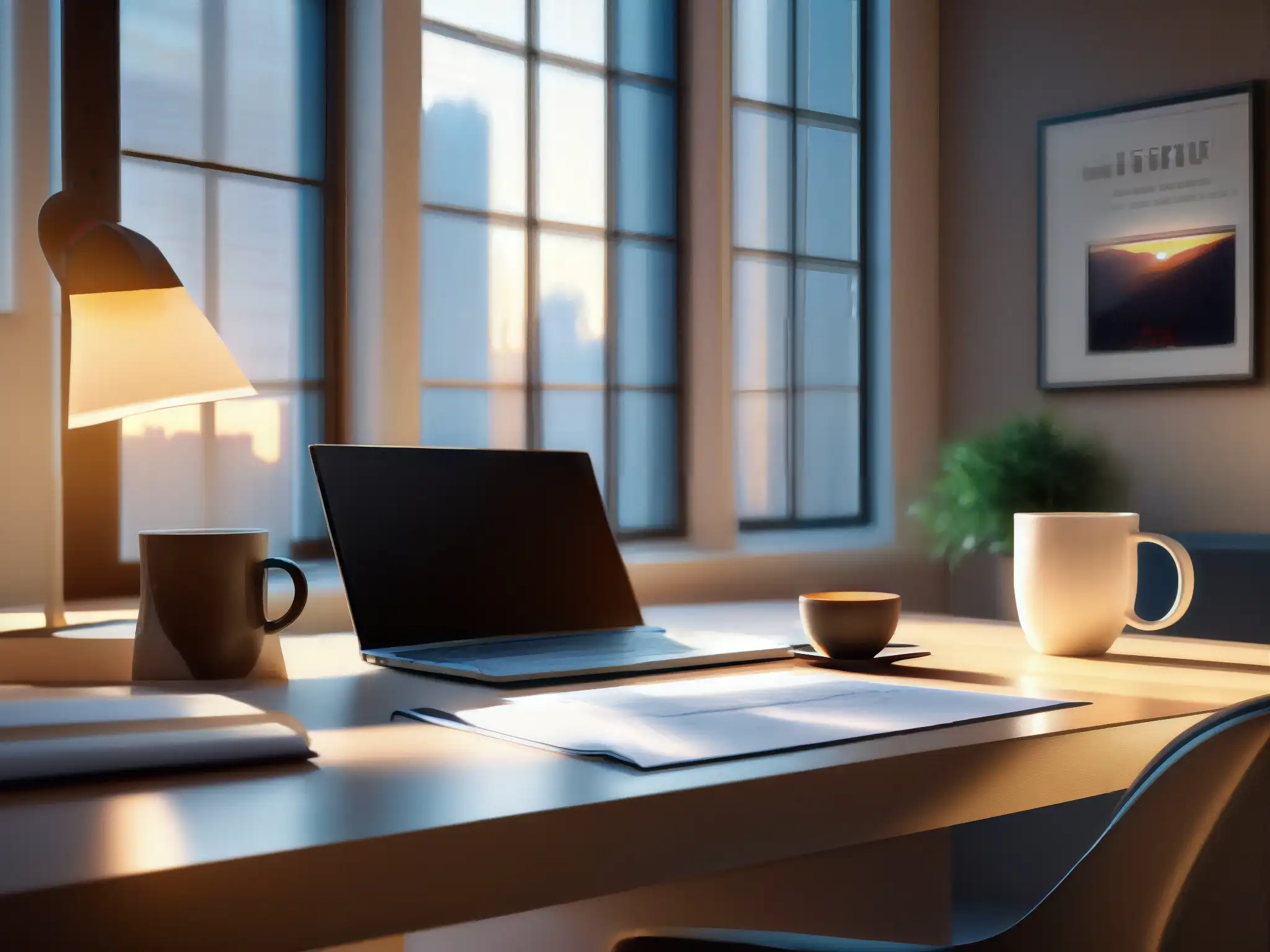 Espacio de trabajo moderno con luz natural y videoconferencia Sincronizar agenda videoconferencias en un escritorio moderno con luz natural y una taza de café
