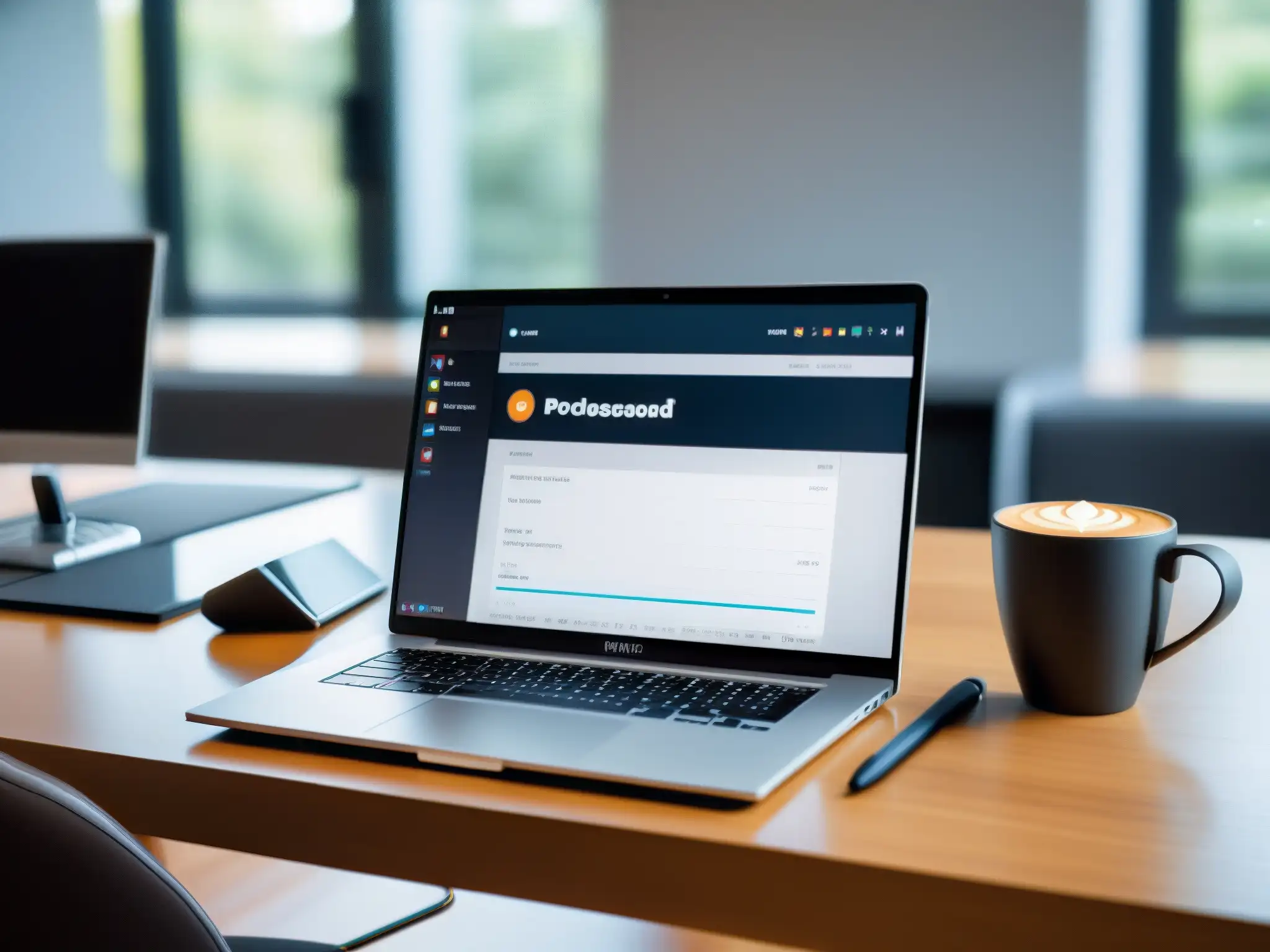 Escritorio moderno y eficiente para videoconferencias Organización de agendas en videoconferencias: Imagen profesional con laptop, agenda, café y videoconferencia en segundo plano