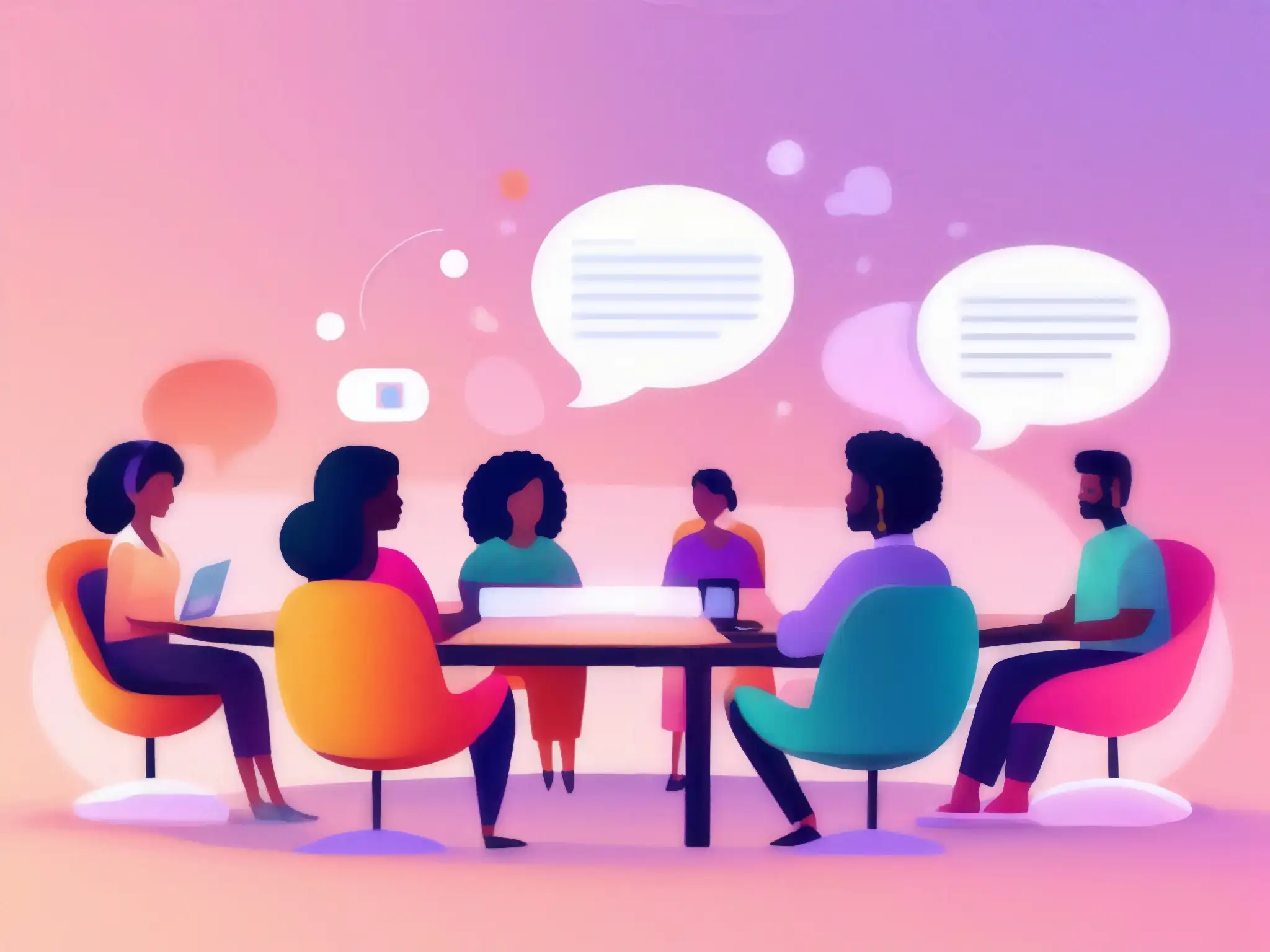 Sala de reuniones virtuales inclusiva y calmada Ajustes de plataforma para neurodiversidad: Sala de reuniones virtual serena y minimalista con avatares diversos y diálogo inclusivo