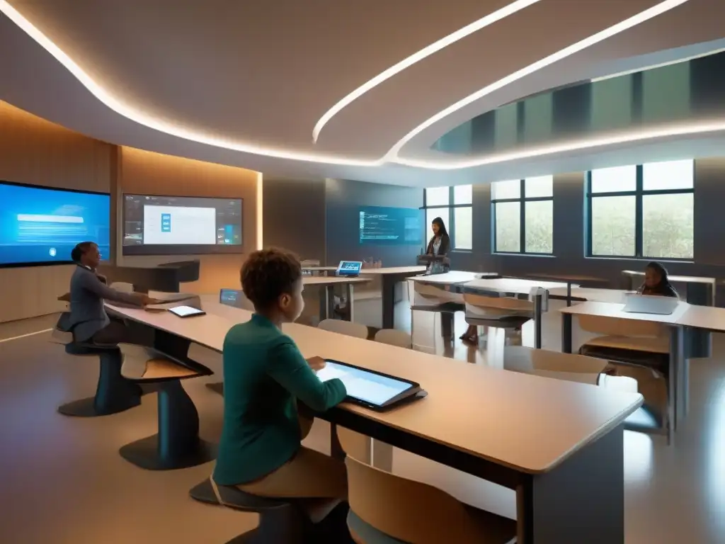 Aula del futuro: Integración virtual y física para una educación innovadora Ambiente de aprendizaje híbrido presencial virtual en aula futurista con tecnología avanzada y luz natural