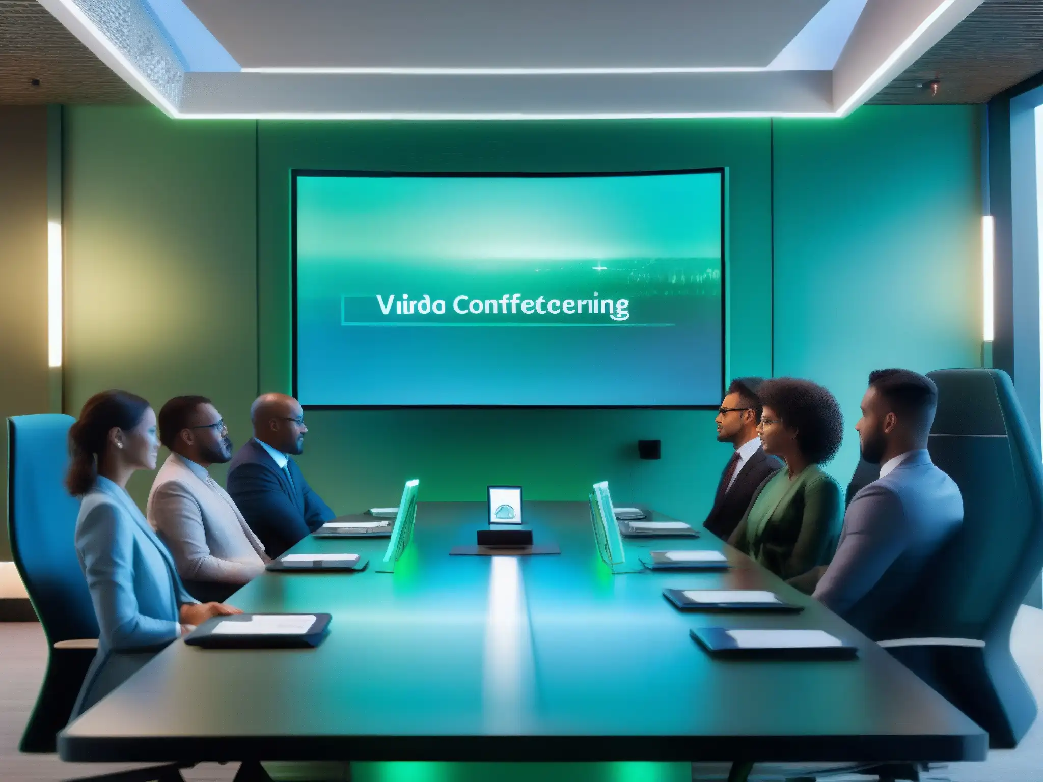 Conferencia virtual segura: la fusión del futuro Un ambiente futurista de videoconferencia con seguridad y privacidad en primer plano, destacando la colaboración y confianza