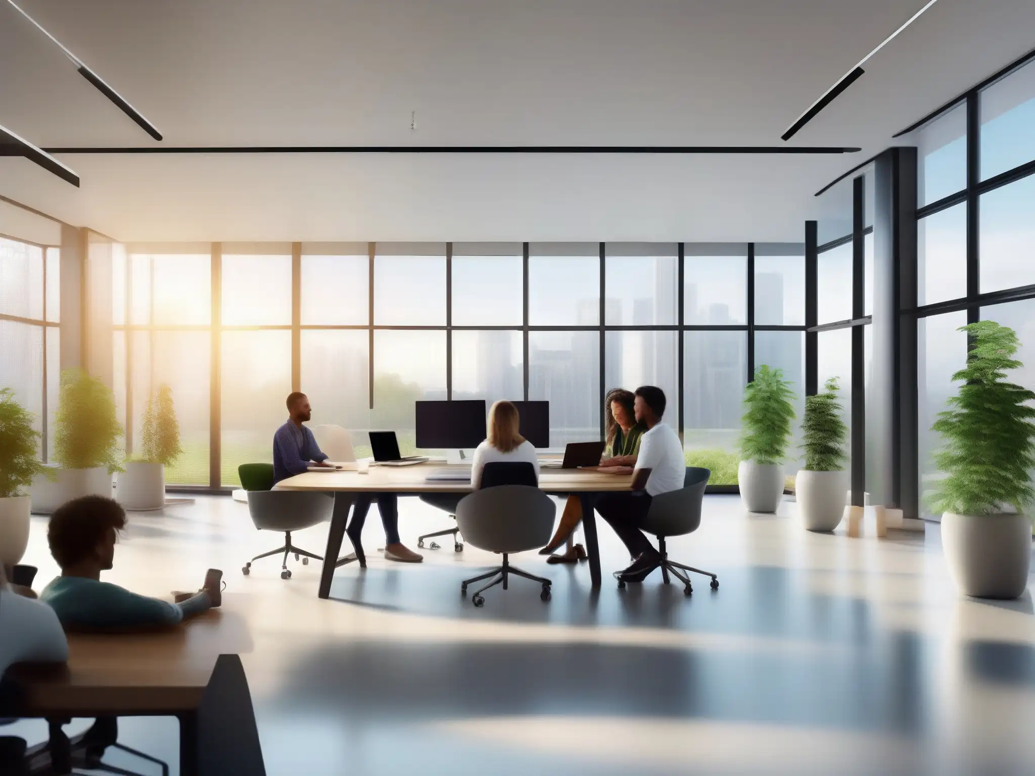 Colaboración dinámica en un moderno espacio de oficina Un ambiente moderno y colaborativo con profesionales y estudiantes usando herramientas colaboración Microsoft Teams