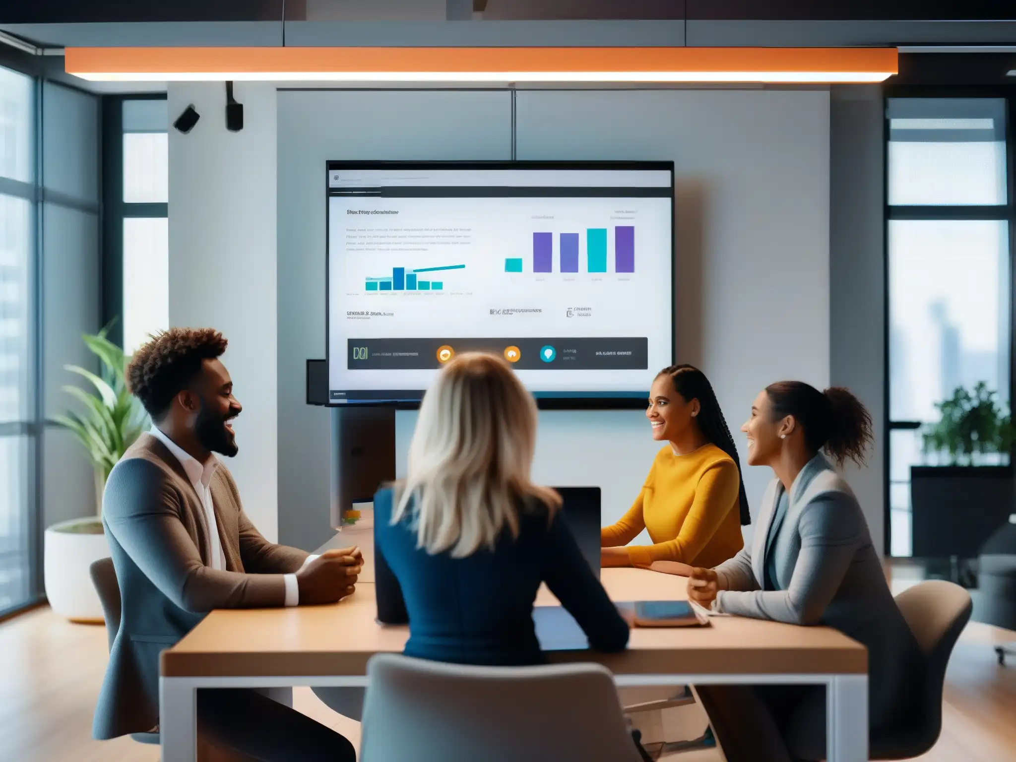 Reunión de GoToMeeting de profesionales en oficina moderna Un ambiente de oficina moderna con profesionales colaborando en una sesión de GoToMeeting