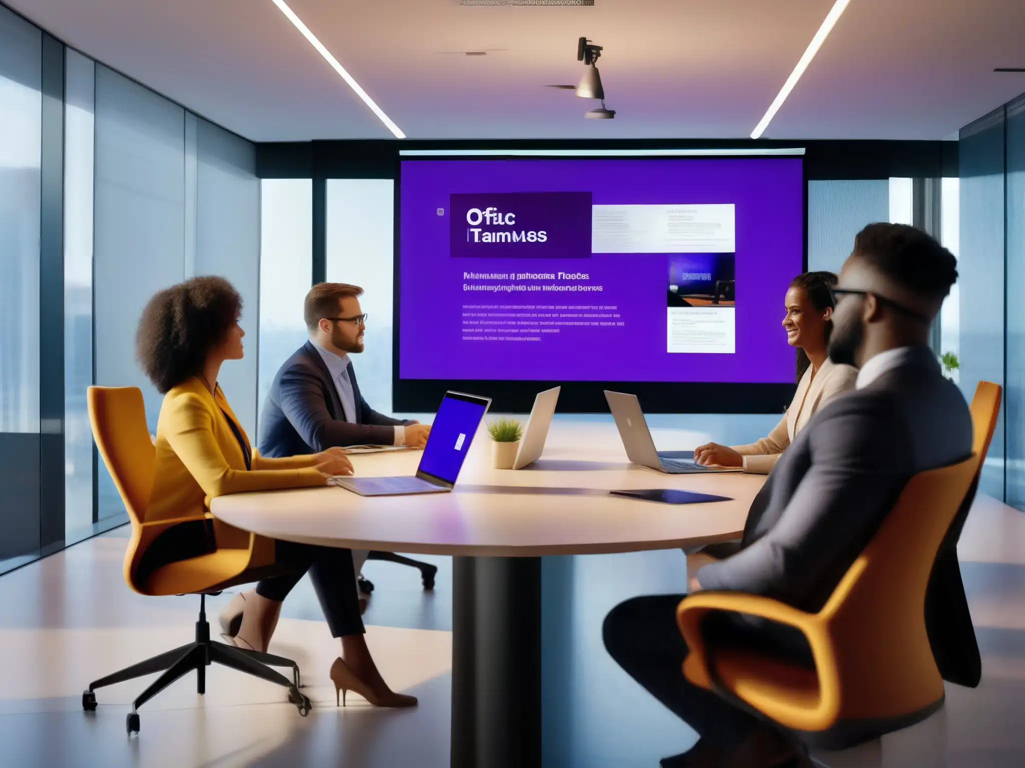 Equipo dinámico en oficina moderna | Microsoft Teams Un ambiente de oficina moderno y dinámico con profesionales colaborando en Microsoft Teams