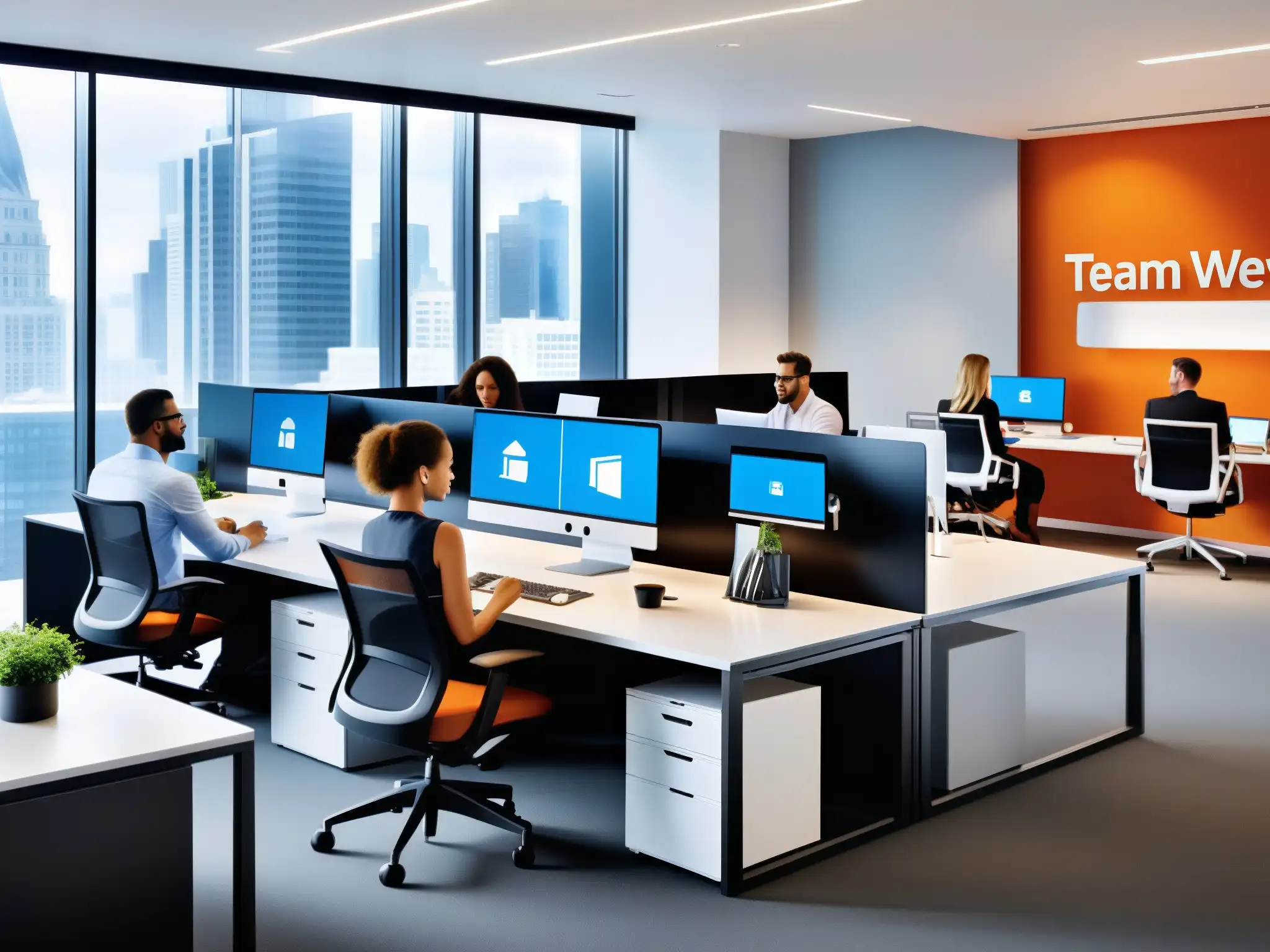 Oficina dinámica con TeamViewer: potencia la productividad 'Un ambiente de oficina moderno y dinámico con profesionales colaborando, destacando el impacto del Análisis de TeamViewer para PYMES
