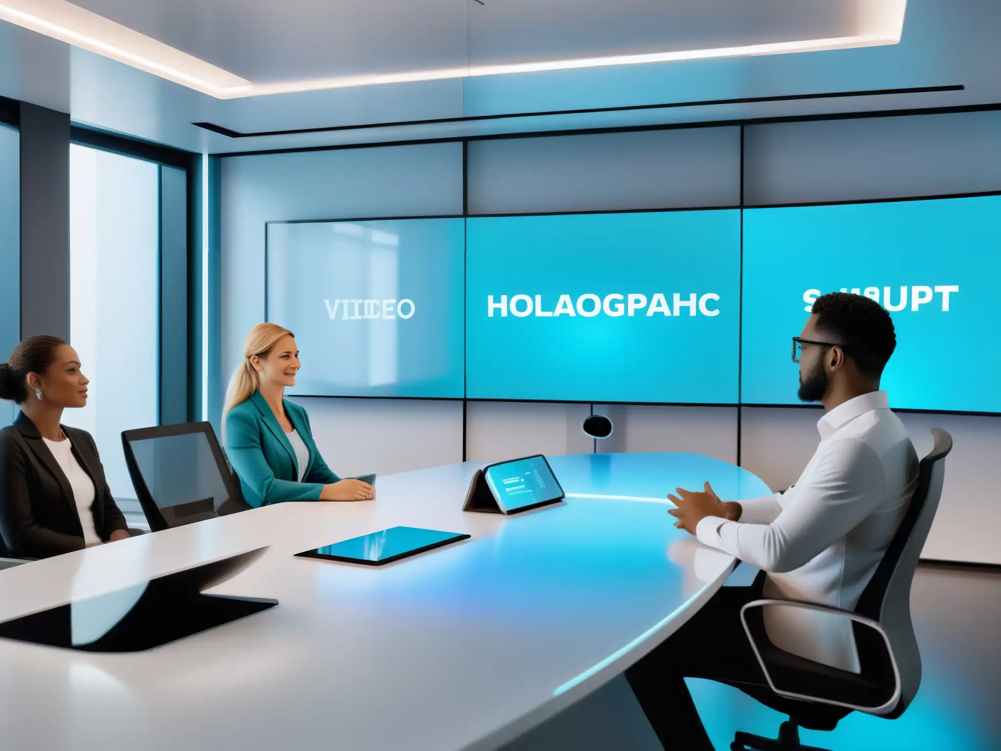 Oficina futurista: Automatización y videoconferencia Un ambiente de oficina moderno y elegante con profesionales participando en una videoconferencia, interactuando con asistentes virtuales holográficos