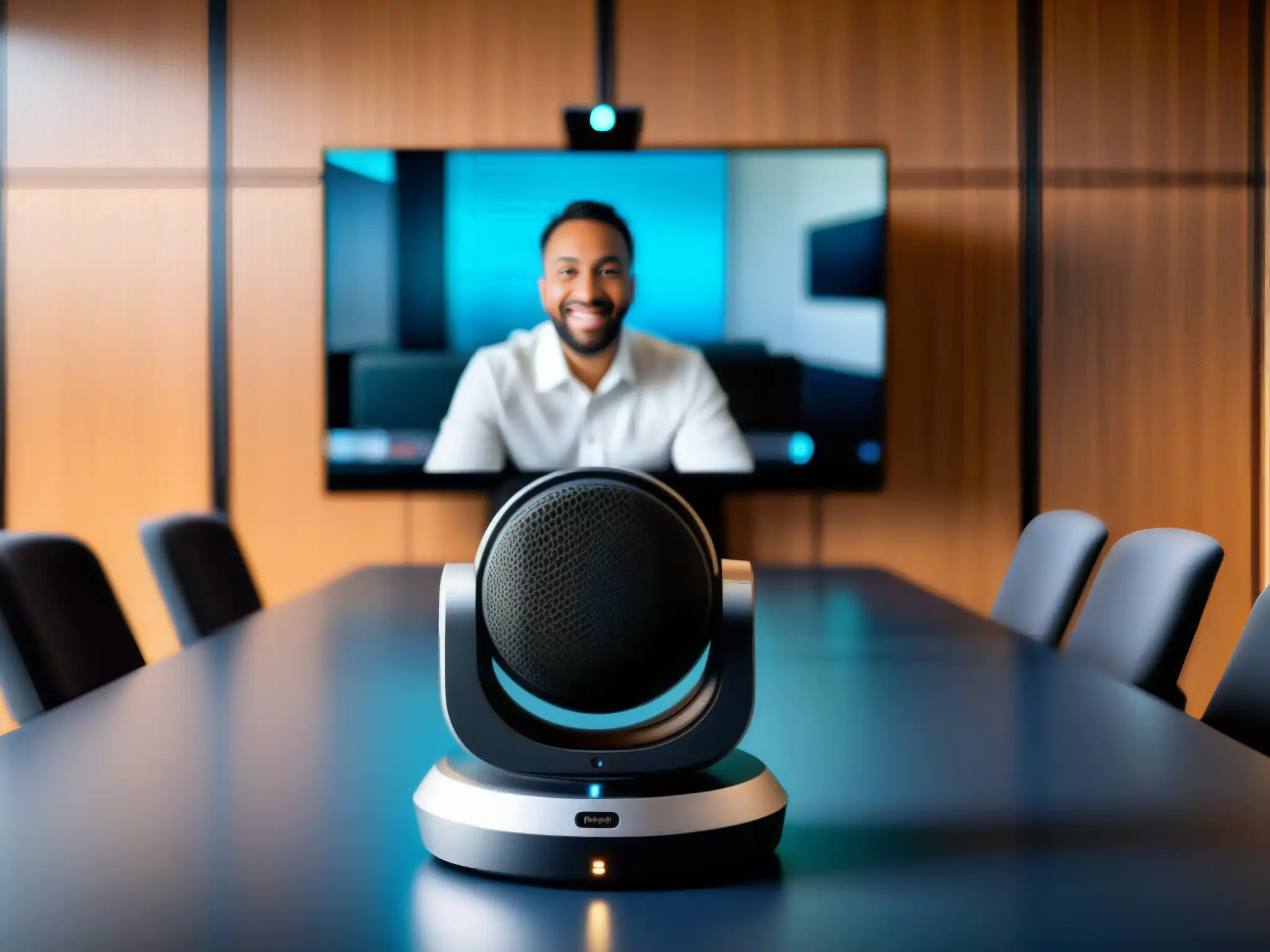 Configuración profesional de videoconferencia Un ambiente profesional y moderno con equipos de audio y video de alta calidad para videoconferencias educativas