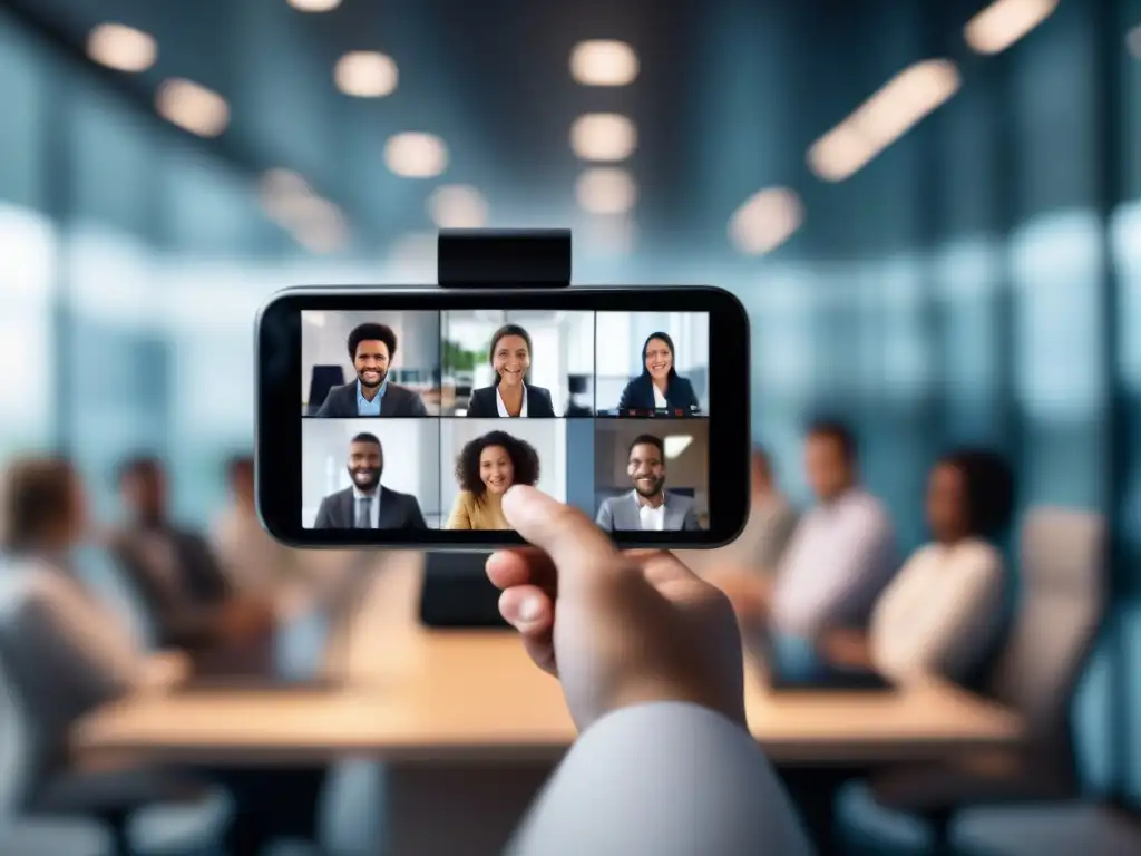 Conferencia profesional en smartphone en ambiente moderno Un ambiente profesional y seguro para videoconferencias móviles