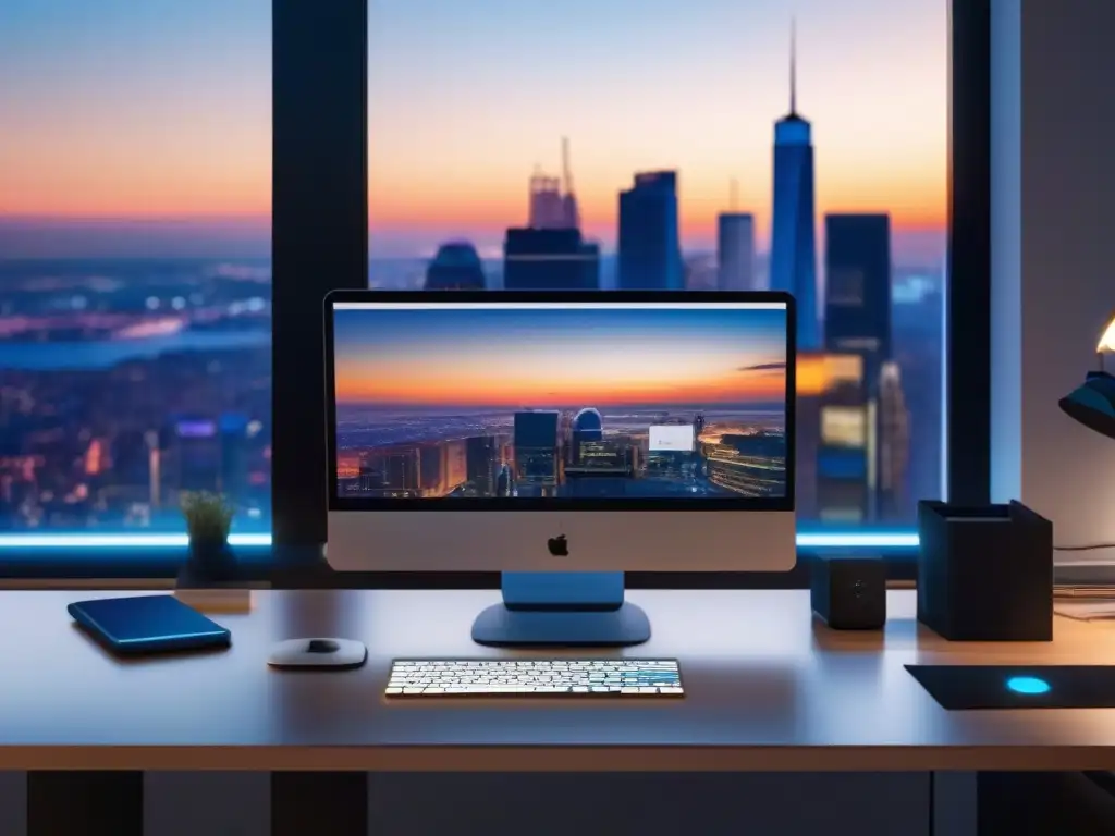 Oficina moderna y eficiente con integración de Zapier Un ambiente de trabajo moderno y eficiente con herramientas de videoconferencia con Zapier, iluminación suave y una vista panorámica de la ciudad