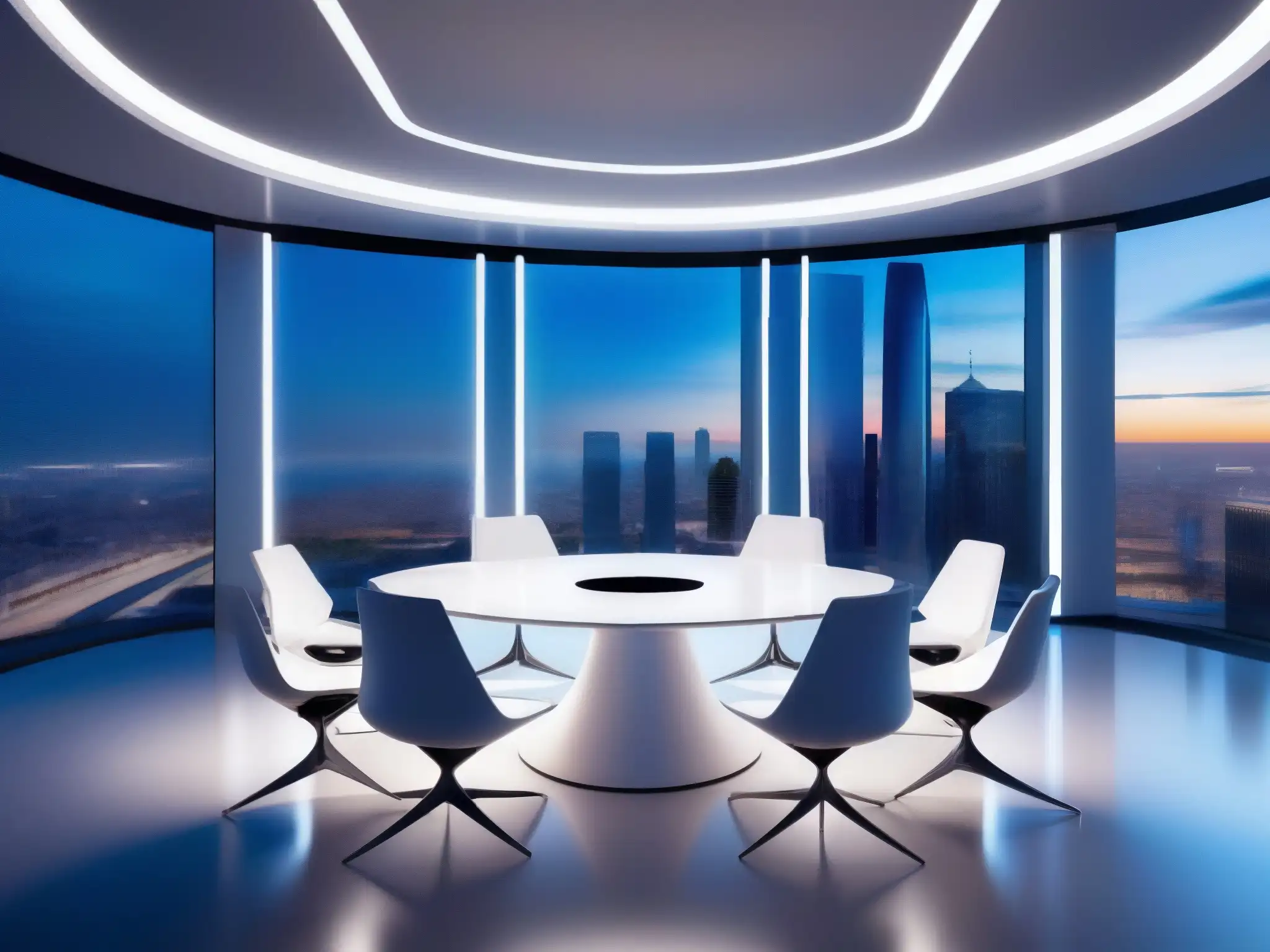 Salón de reuniones de realidad virtual: minimalista y futurista Crear ambientes efectivos realidad virtual: Sala de reuniones de realidad virtual moderna y elegante con vista a la ciudad futurista