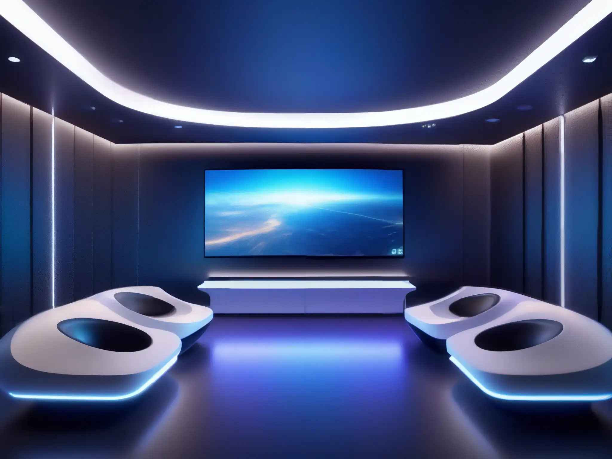 Sala de reuniones de realidad virtual futurista en 8k Crear ambientes efectivos realidad virtual: Sala de reuniones futurista en realidad virtual con diseño vanguardista y elementos interactivos
