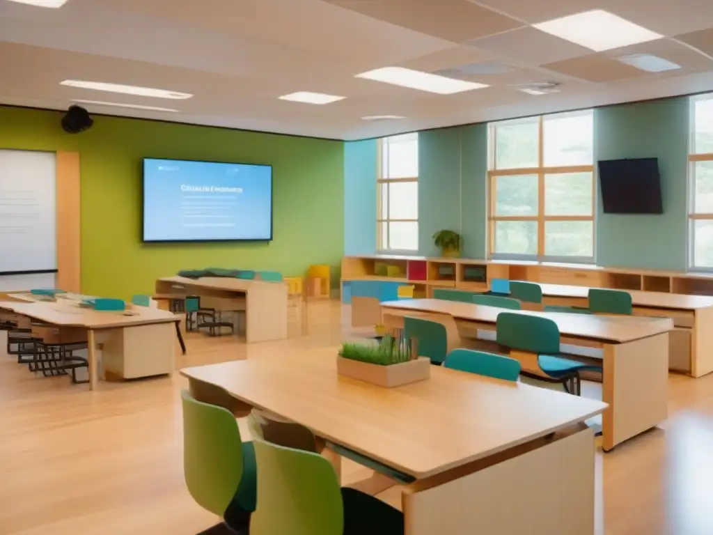 Aula virtual Montessori: Integración digital y aprendizaje activo Amplio aula virtual Montessori con luz natural, mobiliario de madera y pantallas digitales