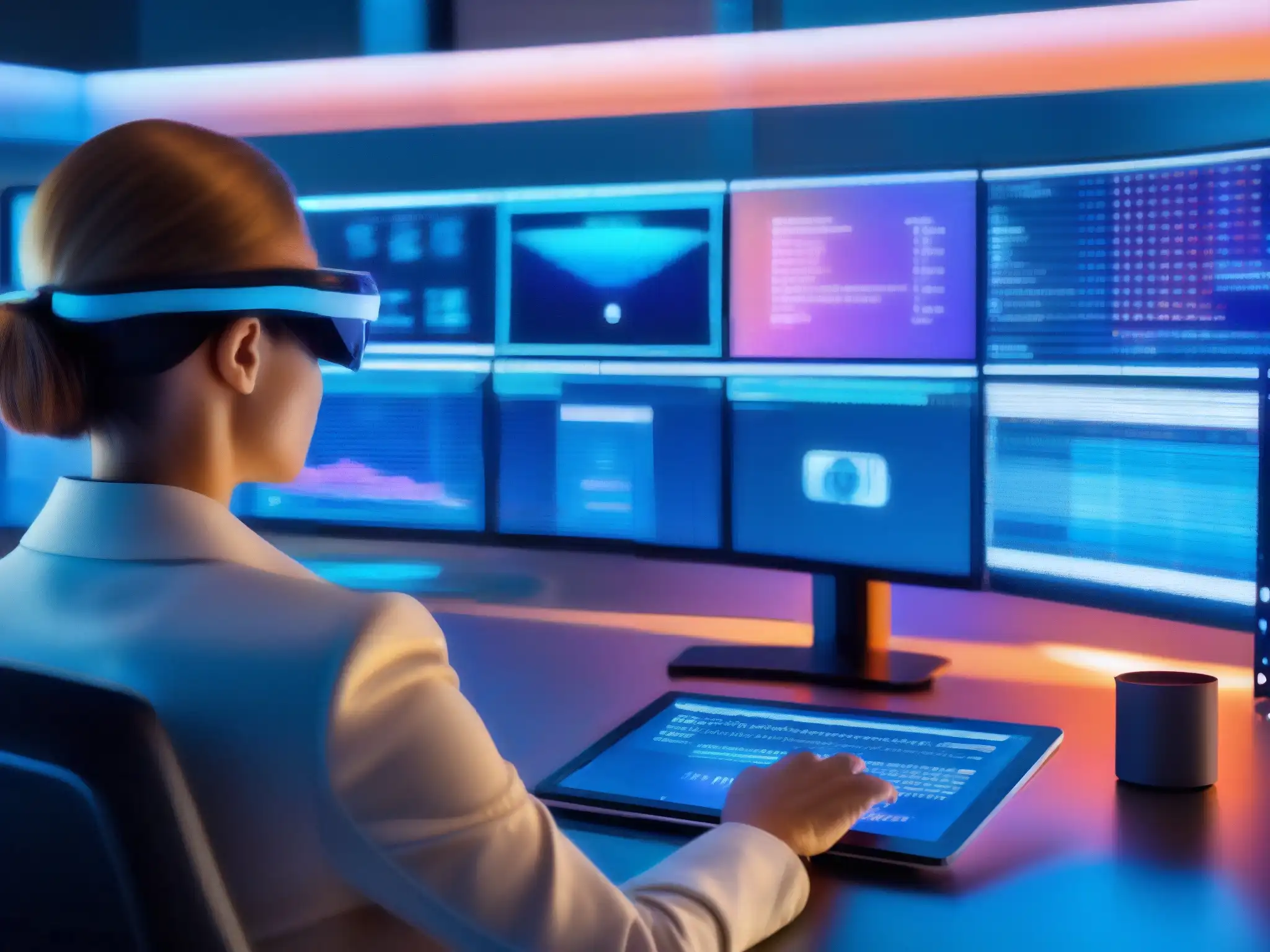 Analista forense desentrañando datos digitales en sala de alta tecnología Un analista forense examina evidencia digital en una pantalla, rodeado de tecnología avanzada y una atmósfera futurista de alta tecnología