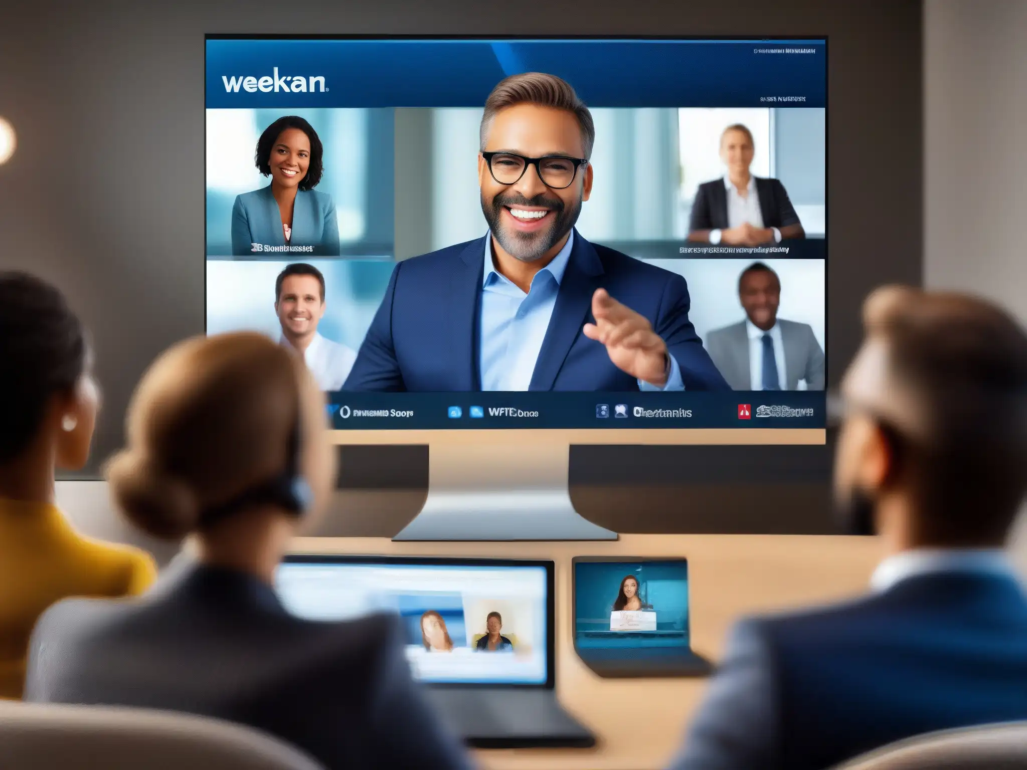 Webinar profesional: anfitrión dinámico y público atento Un anfitrión de webinar profesional lidera una videoconferencia con una audiencia comprometida