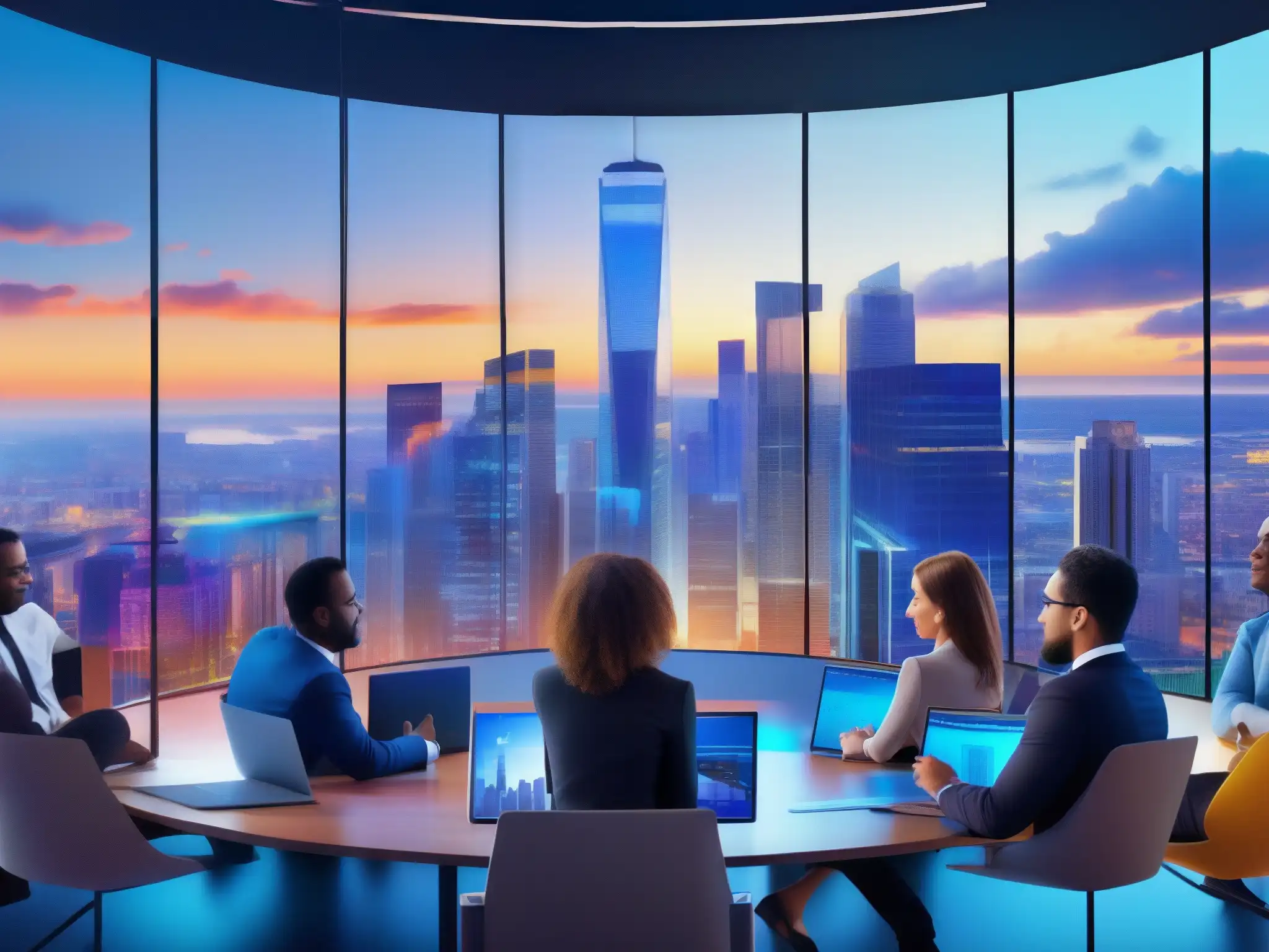 Cityscape virtual: Profesionales y estudiantes conectados en remoto Una animada ciudad con pantallas de videoconferencia que muestran profesionales, educadores y estudiantes