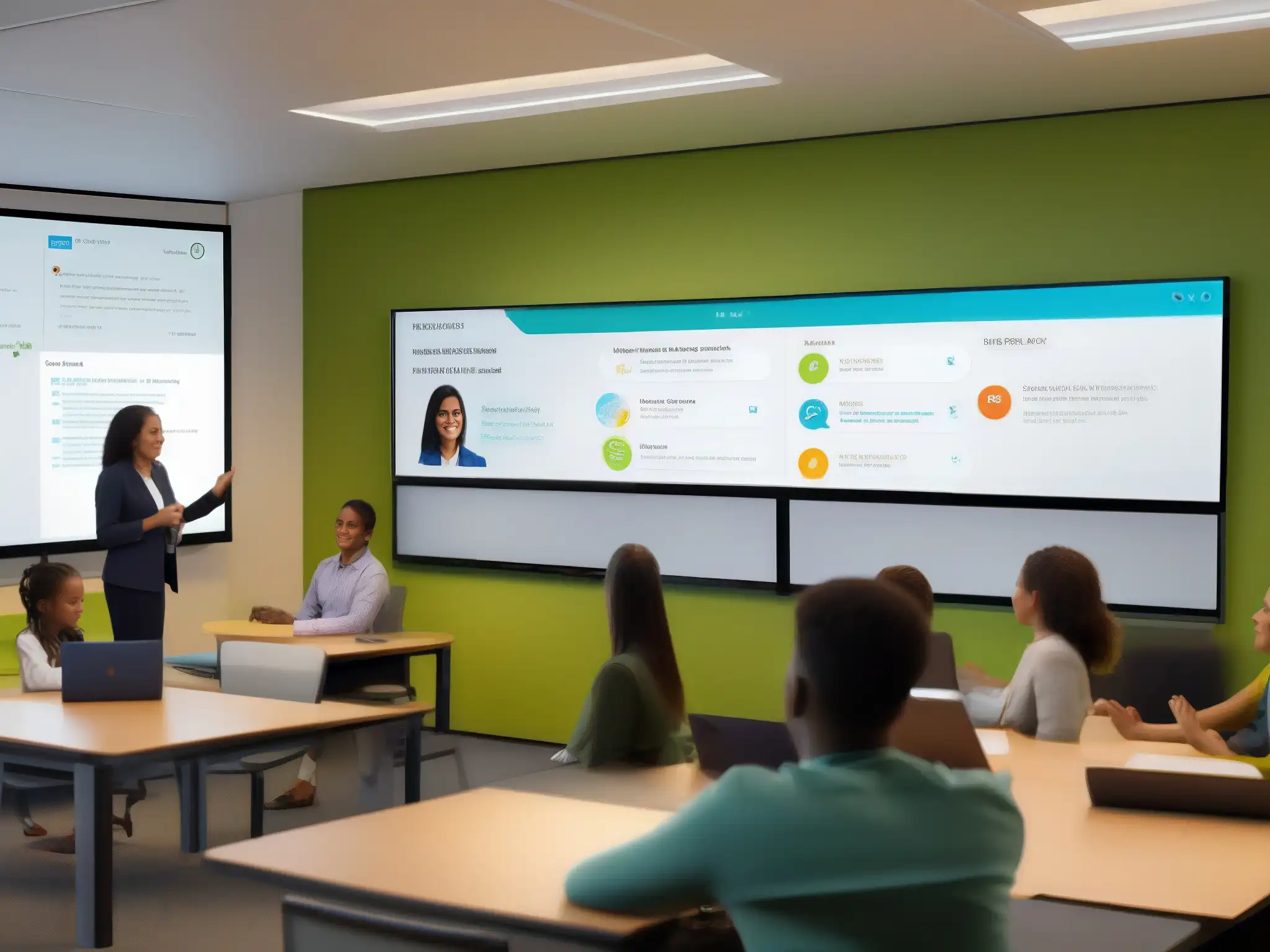 Aula virtual dinámica con Webex: Interacción y aprendizaje Una animada clase virtual con estudiantes participando activamente y el profesor utilizando las funcionalidades de Webex para educación