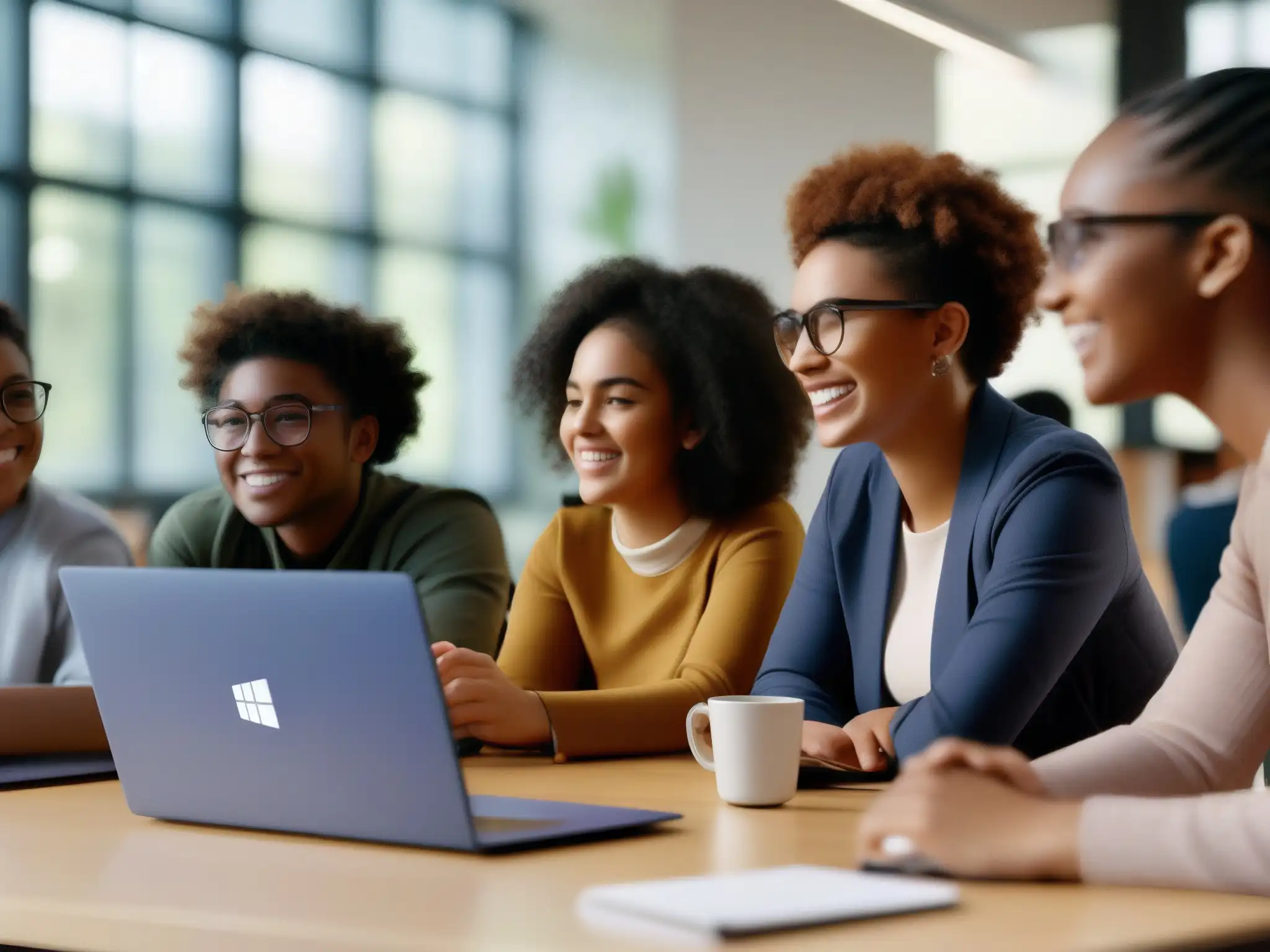 Estudiantes colaborando con Microsoft Teams en aula moderna Una animada discusión de estudiantes con Microsoft Teams, maximizando potencial didáctico en un aula moderna llena de luz natural