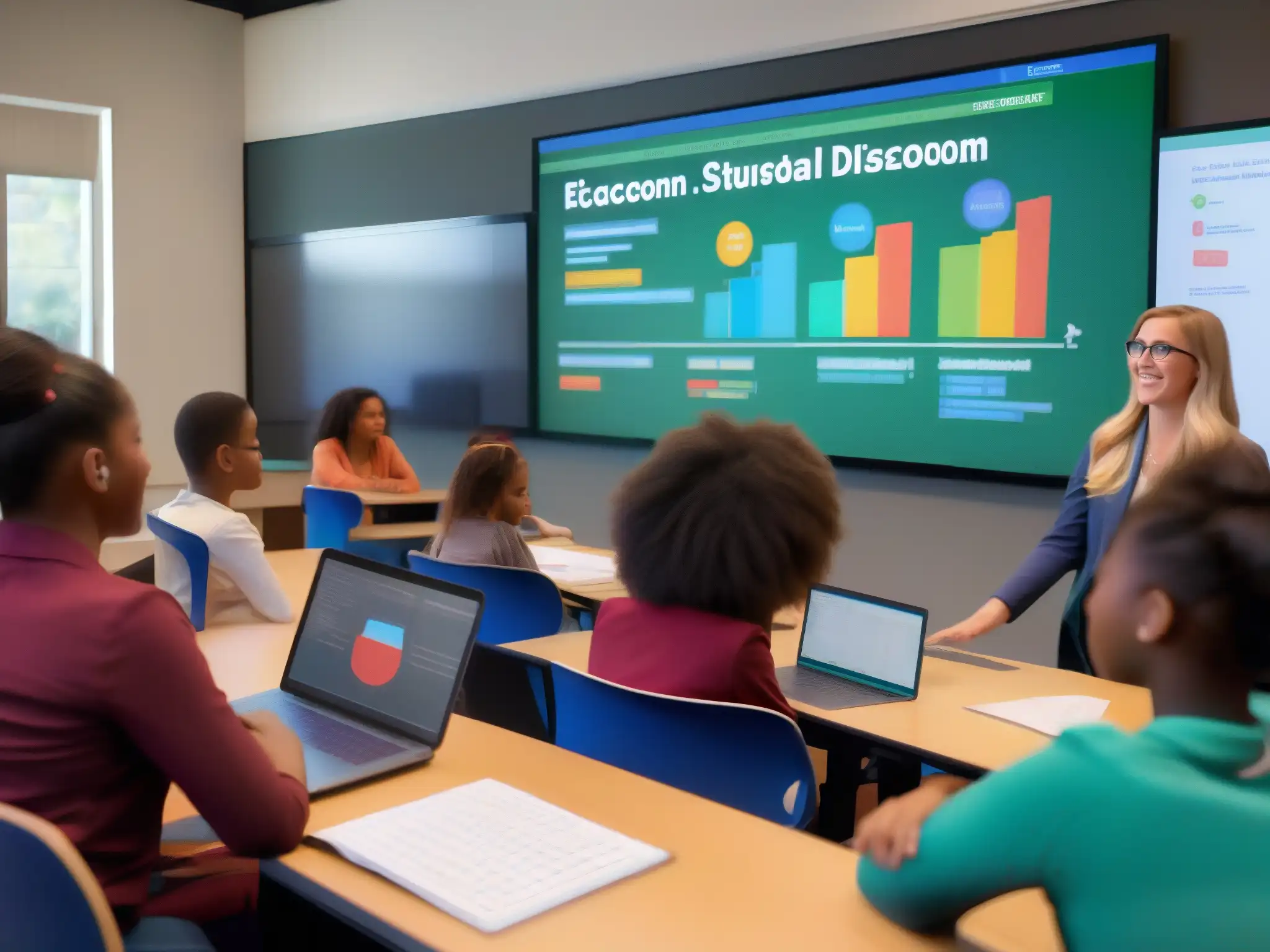 Clase virtual dinámica y colaborativa: educación moderna Una animada discusión virtual en un aula llena de estudiantes y un profesor en el centro