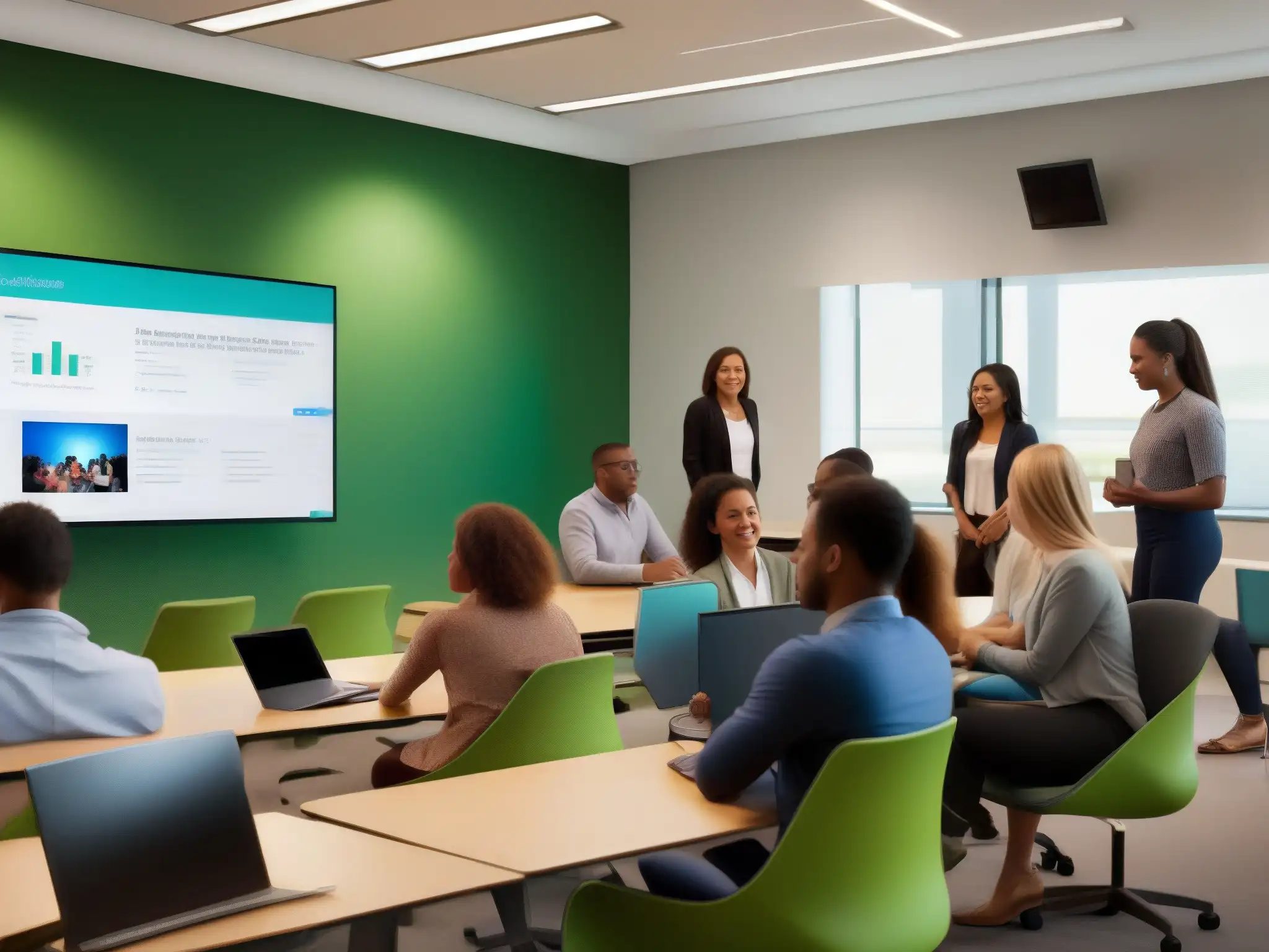 Clase moderna con Webex: innovación educativa Aplicación de Webex en educación: moderna aula con estudiantes participando activamente en una sesión virtual, integrando Webex de forma innovadora