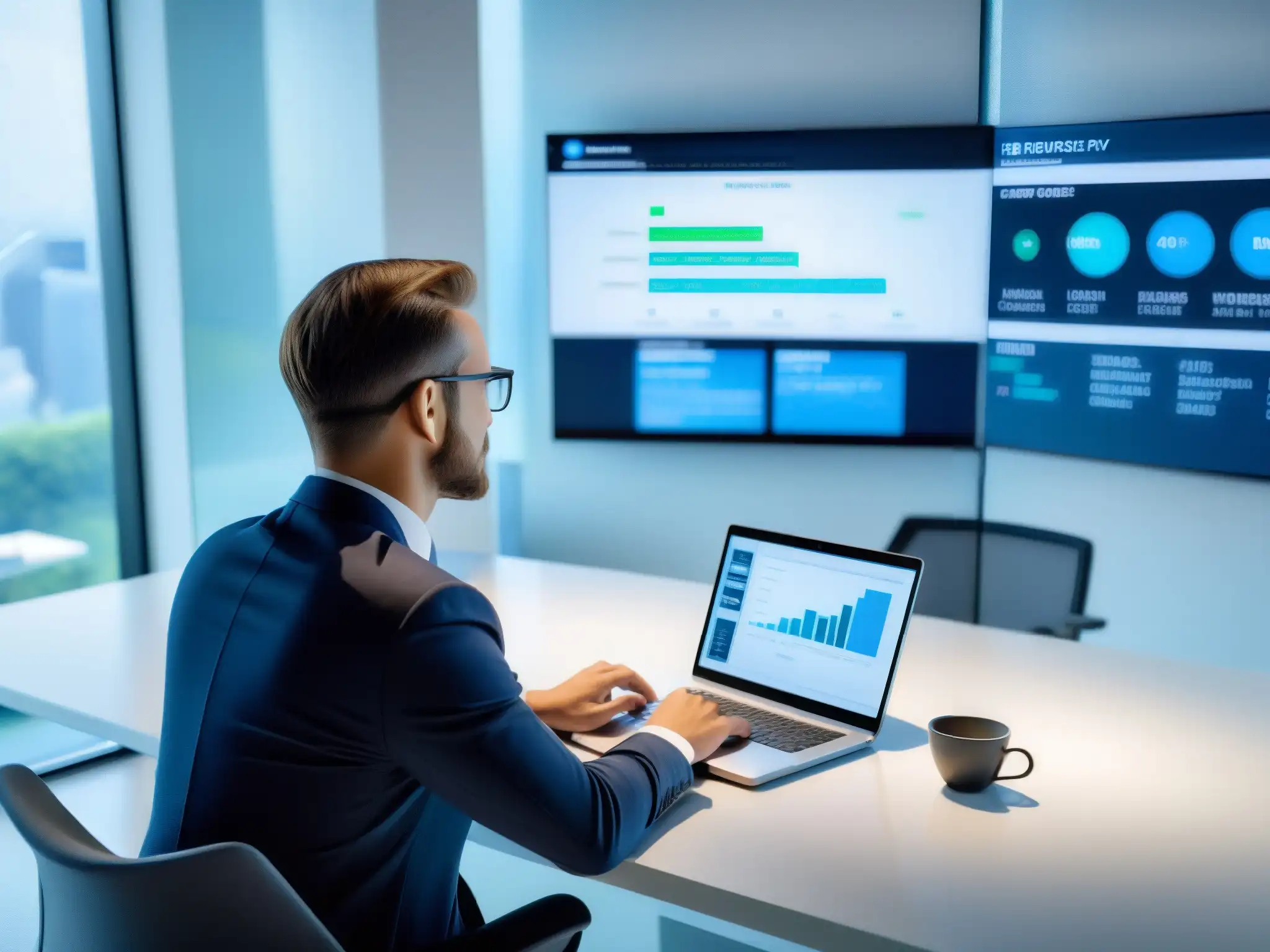 Asesor financiero en videoconferencia: modernidad y profesionalismo Un asesor financiero moderno y profesional atiende a un cliente en una videoconferencia en una oficina minimalista llena de luz natural