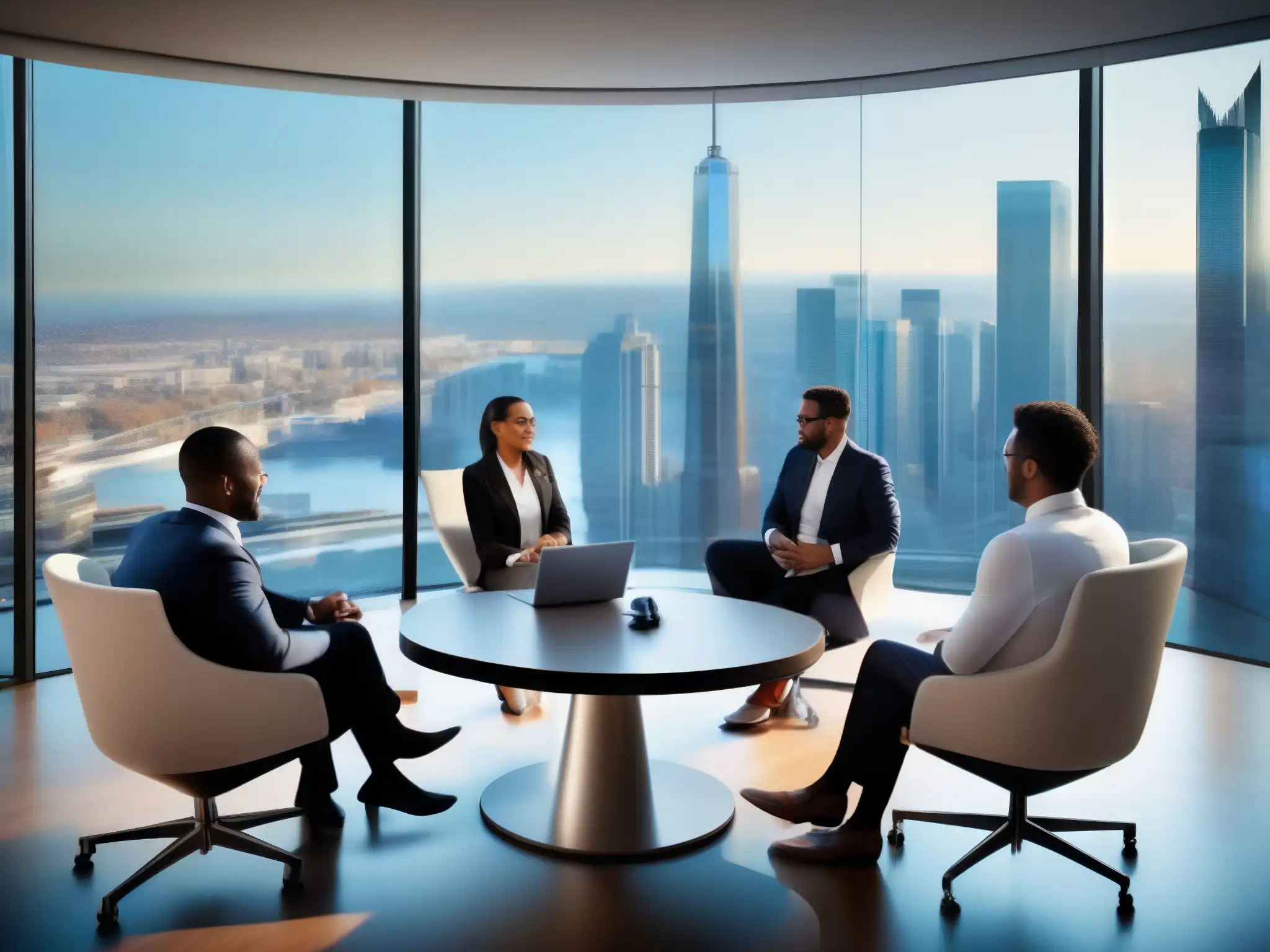 Asesor financiero líder en videoconferencia con clientes comprometidos Un asesor financiero lidera una videoconferencia con clientes comprometidos en una oficina moderna con vista a la ciudad