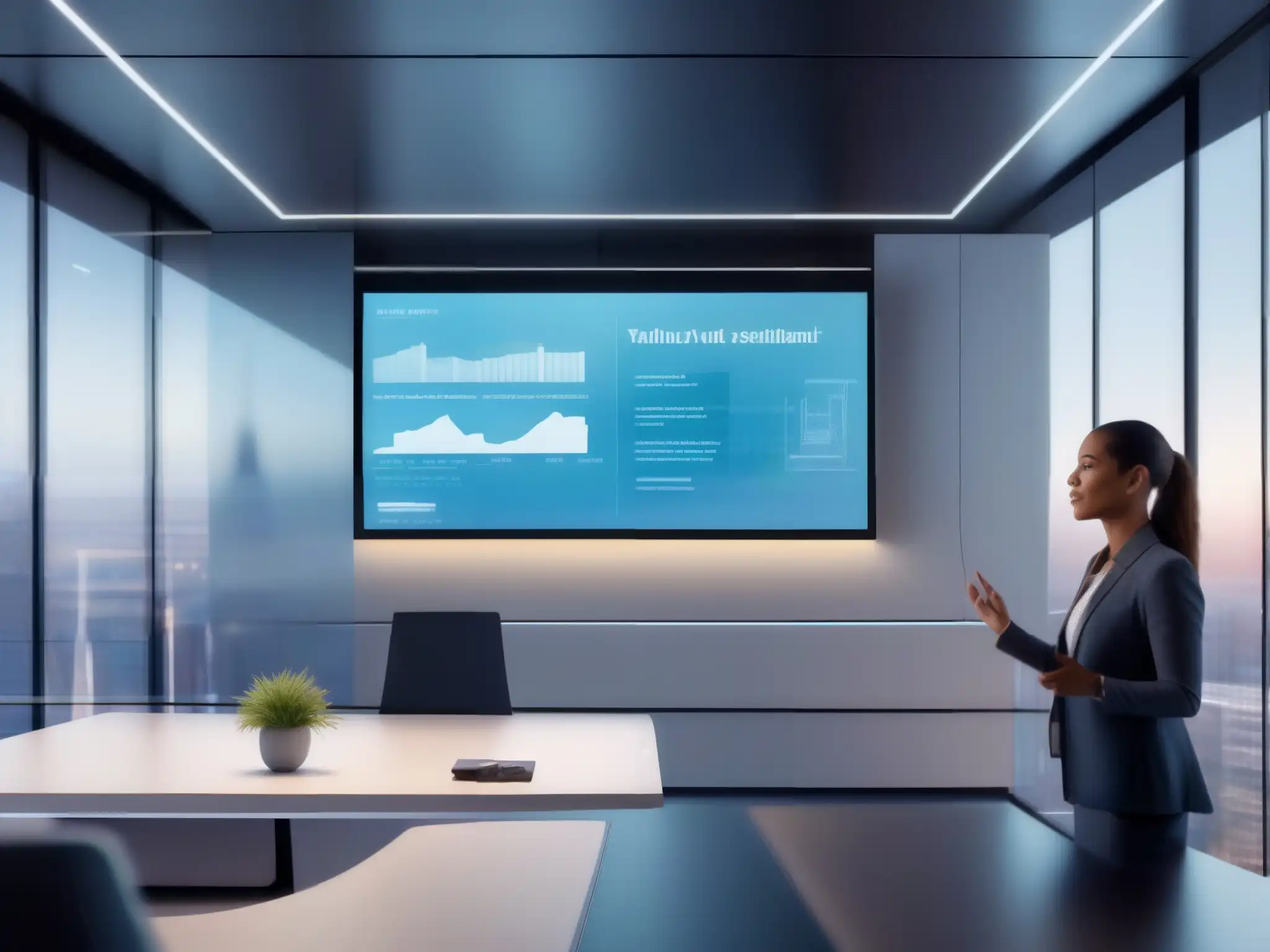 Virtual Assistant lidera reunión futurista con gráficos Un asistente virtual liderando una dinámica reunión en una oficina futurista, mostrando sinergia en plataformas de videoconferencia