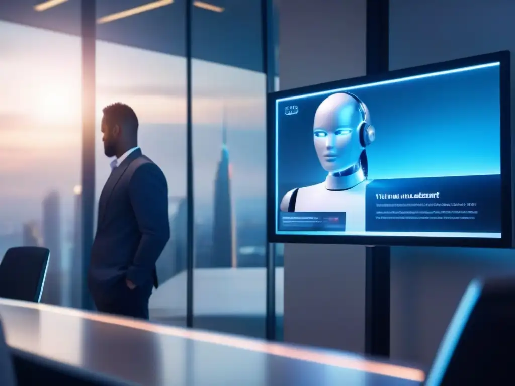 Robot asistente en videoconferencia futurista Un asistente virtual moderno en un entorno profesional futurista, destacando la tecnología avanzada en la videoconferencia profesional