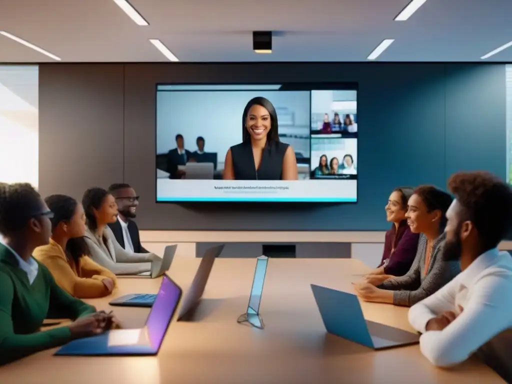 Aula virtual 8k: alumnos comprometidos y educador dinámico Una atractiva y profesional sala de clases virtual en 8k con estudiantes participativos y un educador líder en una videoconferencia dinámica