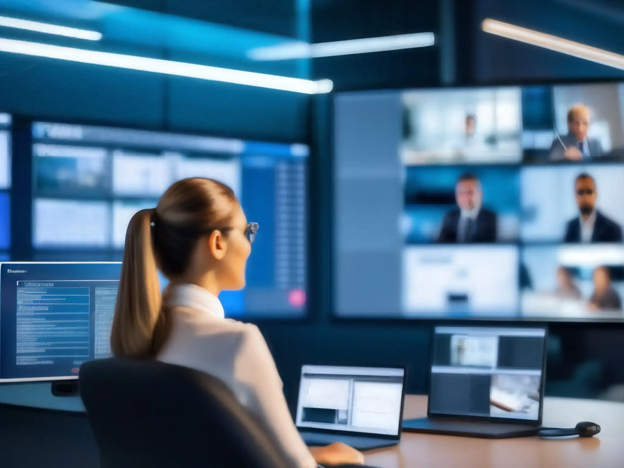 Auditor de seguridad examina sistema de videoconferencia de vanguardia Un auditor experto realiza una auditoría de seguridad en VideoMeetings, enfocándose en detalles intrincados y protocolos de seguridad en pantallas