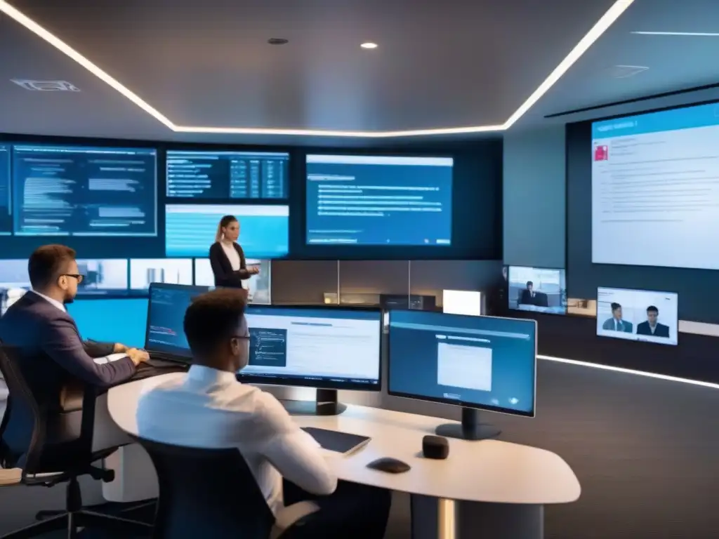 Auditoría de seguridad en VideoMeetings: Profesional examinando protocolos Un auditor de seguridad profesional revisa minuciosamente una plataforma de reuniones virtuales, rodeado de colegas en una oficina moderna, simbolizando la meticulosidad de las auditorías de seguridad en VideoMeetings