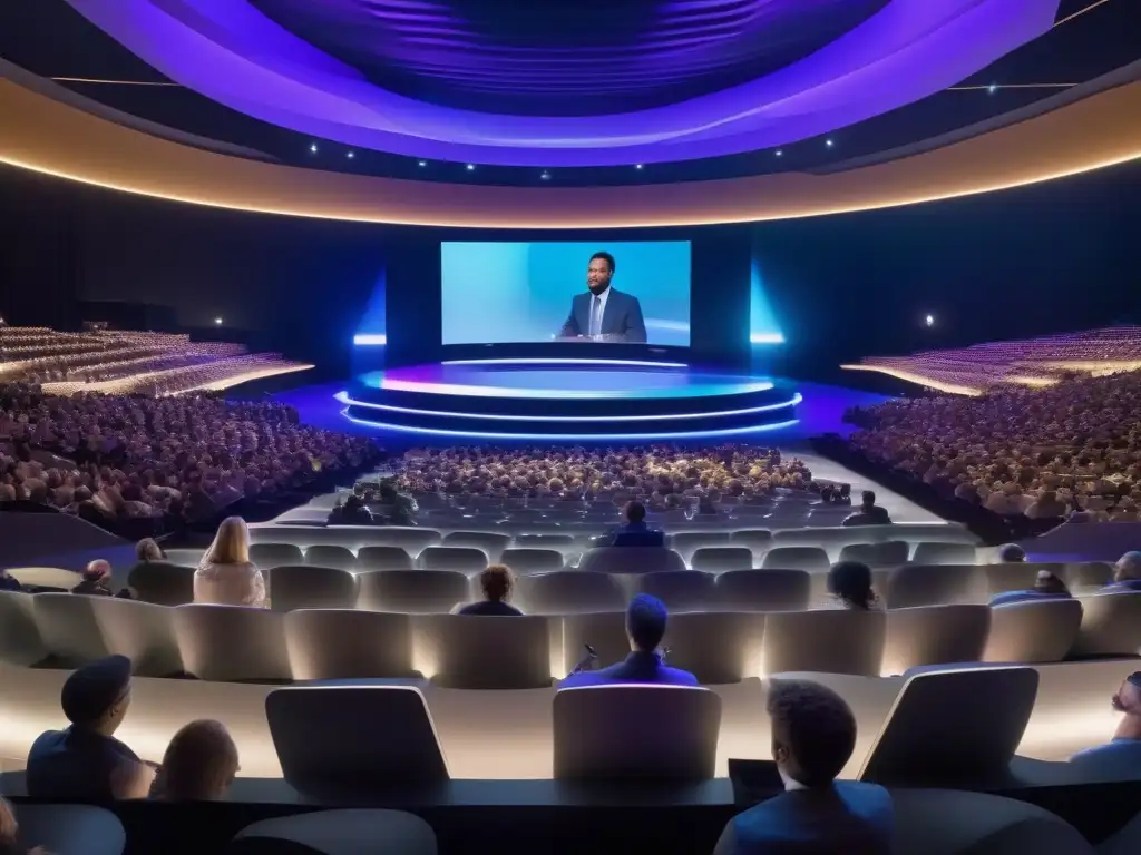 Conferencia global en auditorio 5G futurista Un auditorio futurista lleno de asistentes participando en una videoconferencia en vivo con tecnología 5G