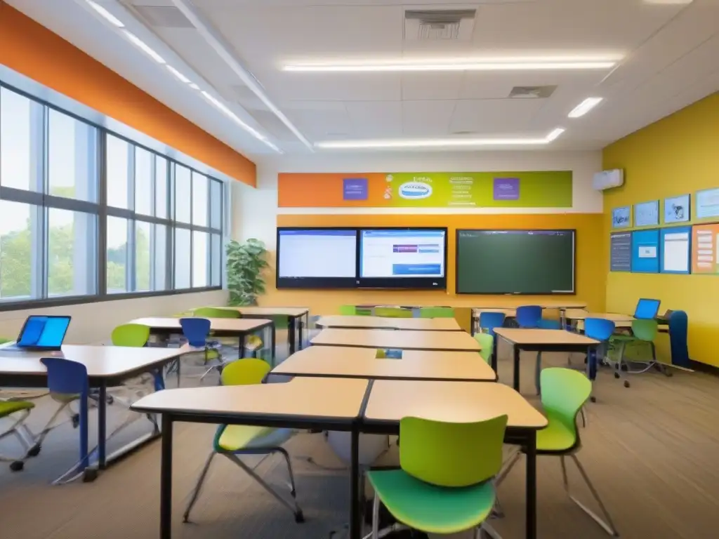 Aula interactiva: aprendizaje virtual y presencial Aula con aprendizaje híbrido presencial virtual, integrando tecnología y colaboración en un ambiente educativo dinámico y lleno de luz natural