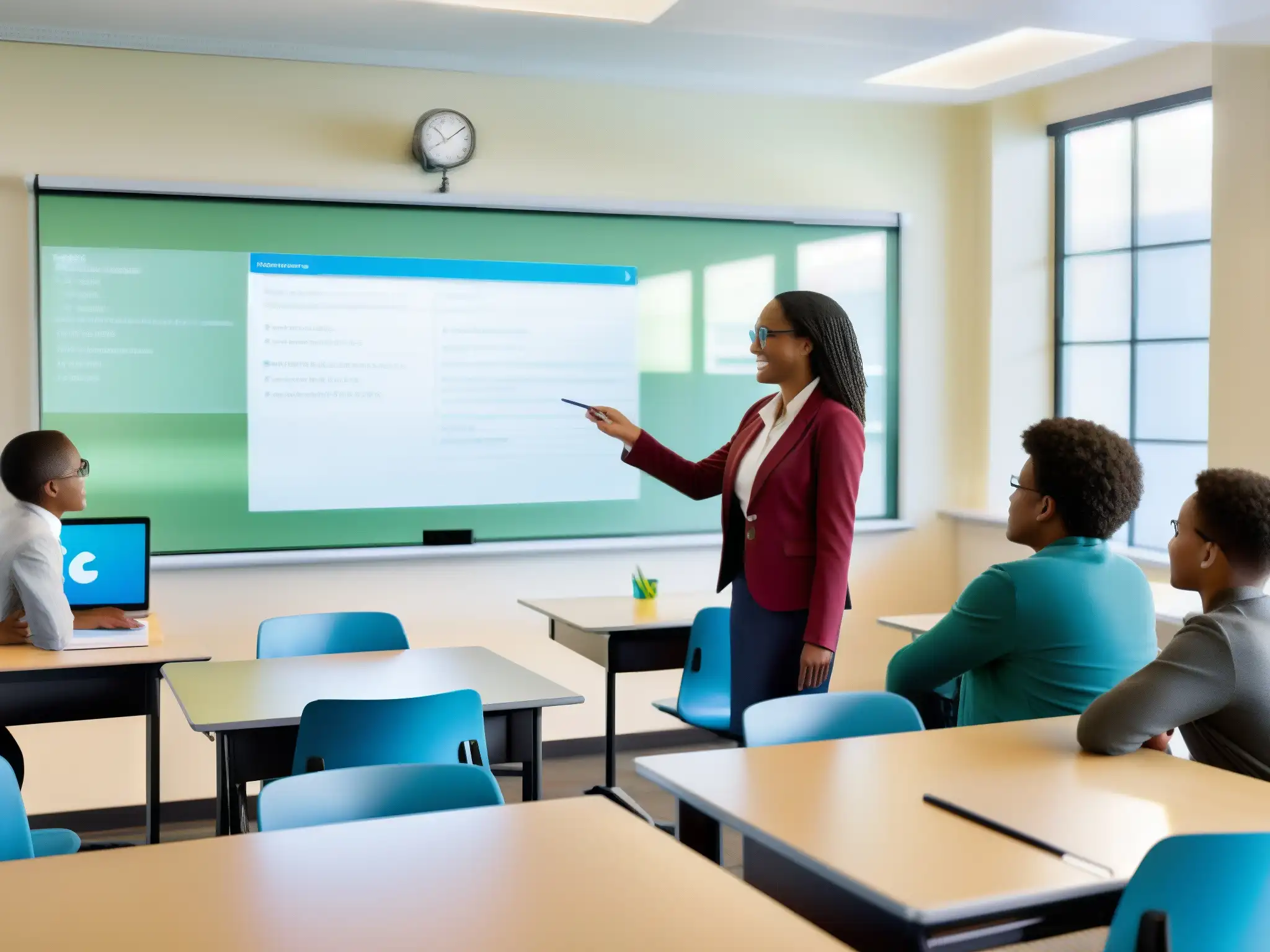 Integración dinámica: Aula híbrida con tecnología y colaboración Aula con aprendizaje híbrido presencial virtual: integración de tecnología moderna y colaboración entre estudiantes en un ambiente dinámico