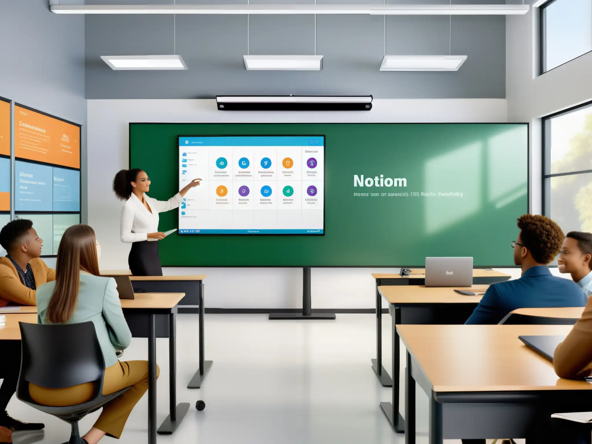 Aula digital con Notion en pizarra interactiva Aula digital con herramientas de videoconferencia para aulas digitales, estudiantes colaborando y tecnología integrada en un ambiente profesional y organizado, iluminado por luz natural