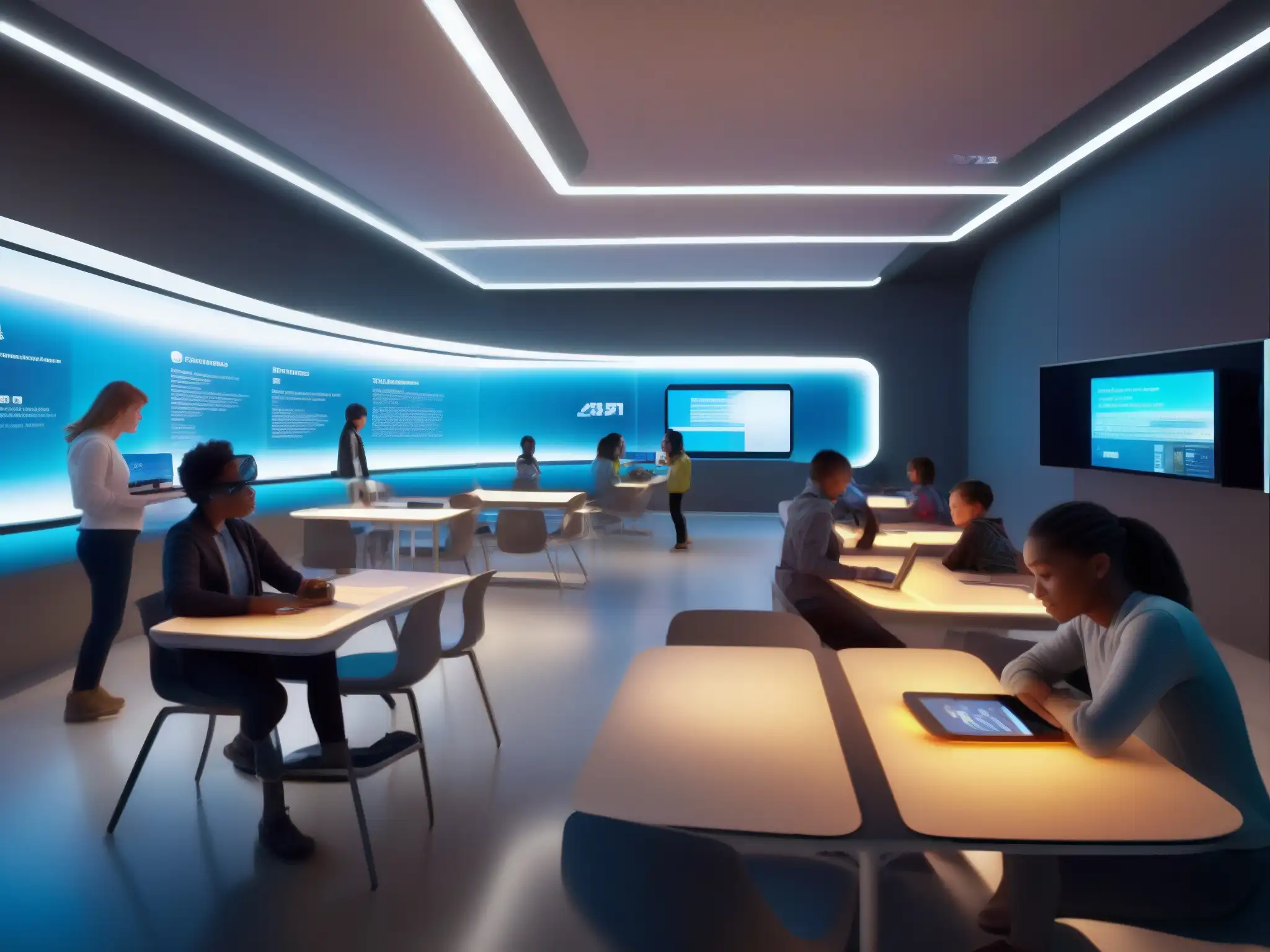 Aula del futuro: aprendizaje fusionado en un entorno moderno Aula futurista con aprendizaje híbrido presencial virtual, muebles ergonómicos y tecnología integrada para una experiencia educativa innovadora