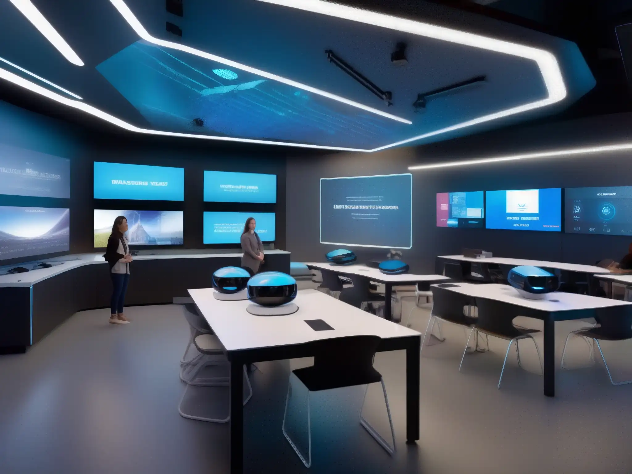Aula del futuro con inteligencia artificial y realidad virtual Un aula futurista con herramientas de aprendizaje de inteligencia artificial en videoconferencias educativas
