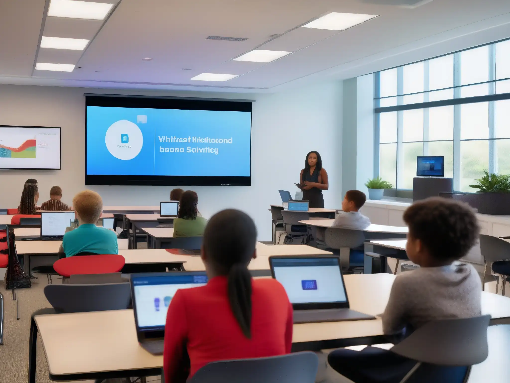 Aula híbrida: aprendizaje interactivo con tecnología avanzada Aula con ambiente híbrido presencial virtual, estudiantes colaborando y participando con tecnología avanzada