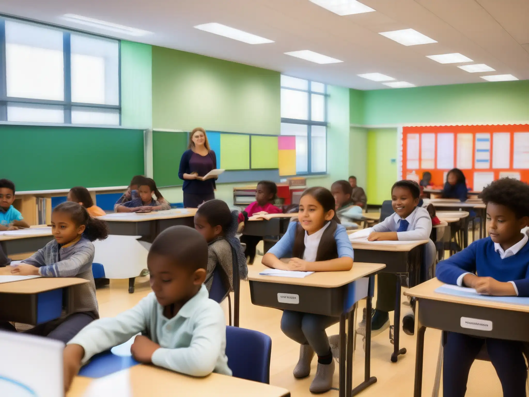Aula dinámica con estudiantes de diferentes edades y tecnología moderna Un aula llena de estudiantes de diferentes edades, comprometidos en diversas actividades de aprendizaje