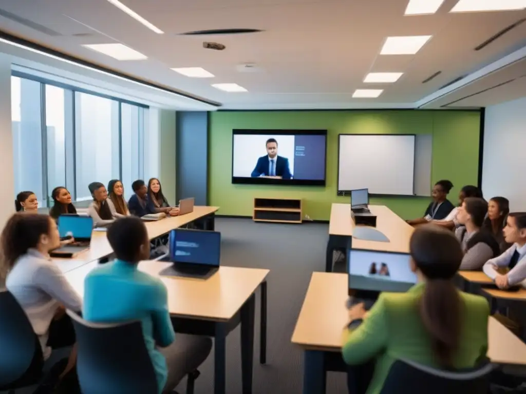 Clase virtual interactiva: videoconferencia en el aula Una aula llena de estudiantes participando en una videoconferencia, con un profesor liderando la discusión