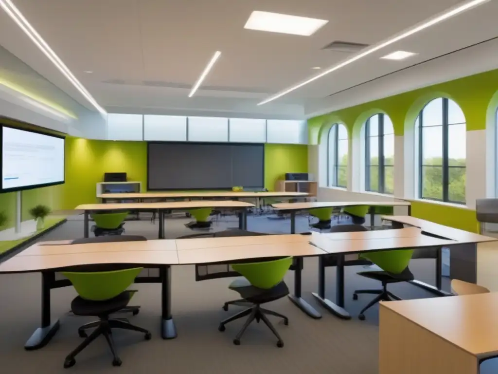 Aula híbrida innovadora: aprendizaje físico y virtual en armonía Aula moderna con aprendizaje híbrido presencial virtual, tecnología interactiva, mobiliario ergonómico y ambiente luminoso