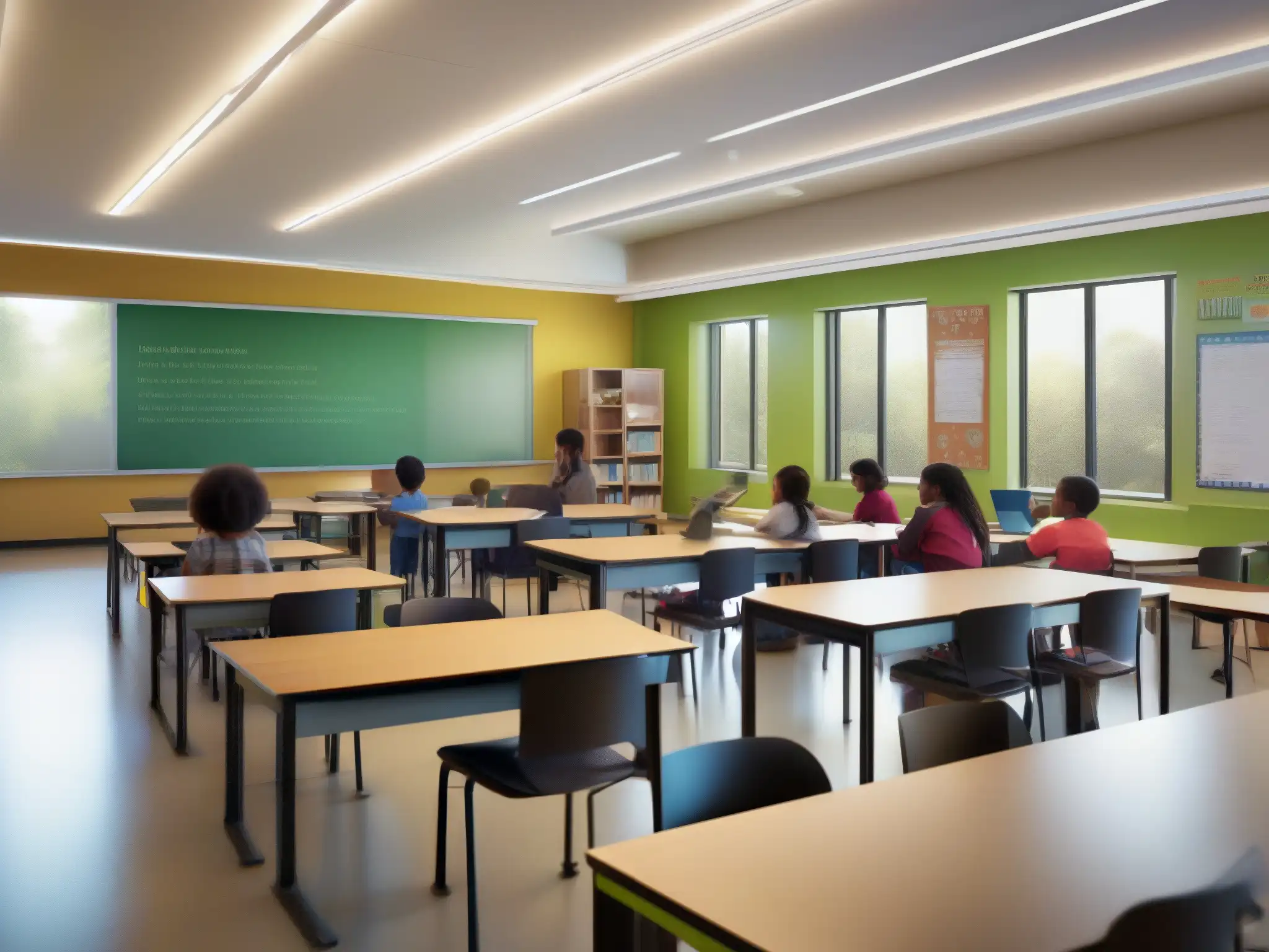 Salón de clases híbrido: integración de aprendizaje presencial y en línea Aula moderna con aprendizaje híbrido presencial virtual, integrando tecnología y tradición, iluminada por luz natural