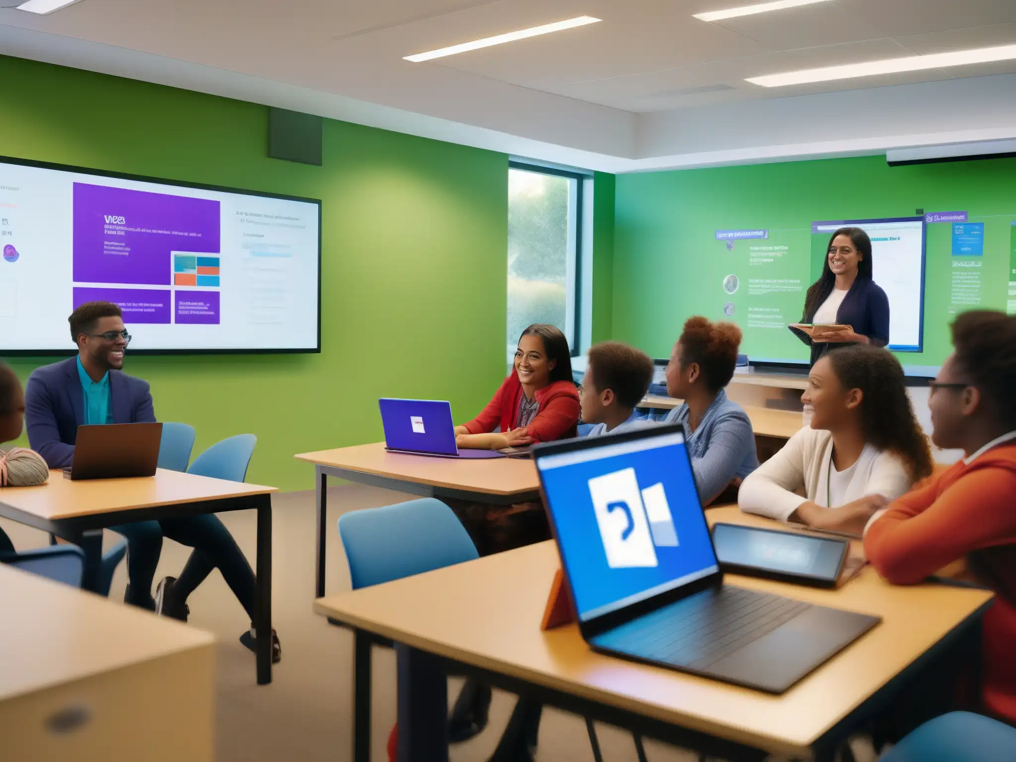 Clase digital interactiva con Microsoft Teams Aula moderna con estudiantes usando dispositivos electrónicos, colaborando en proyecto de Microsoft Teams